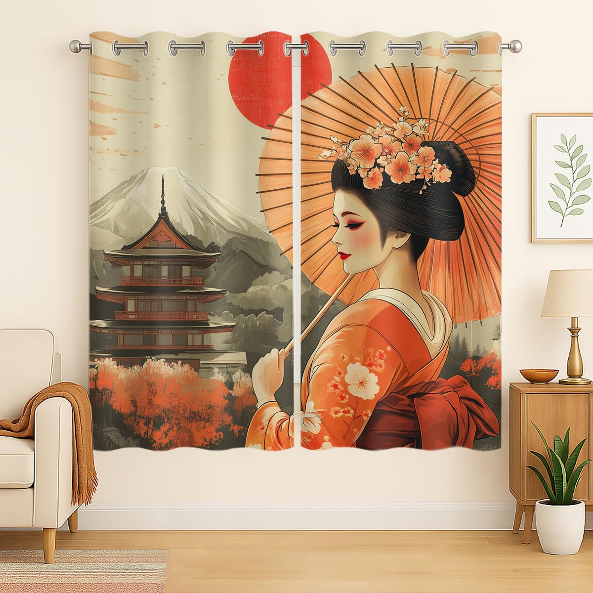 Czrouz Retro Geisha Curtain, Asian Japanese Style Women Sun Mount Fuji, Grommet Curtains for Vanity Corner or Compact Bedroom Window, 42 x 45 Inch, Thermal Insulated Darkening Drapes
