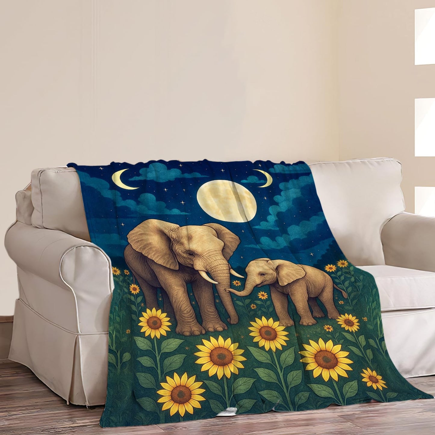 Elephant Blanket Cute Elephant Sunflower Throw Blanket Soft Warm Cozy Fleece Fuzzy Plush Stuff Animal Bedding Toddler Nursery Baby Blankets Gifts for Boys Girls Kids Adult Men Women 40"X50"