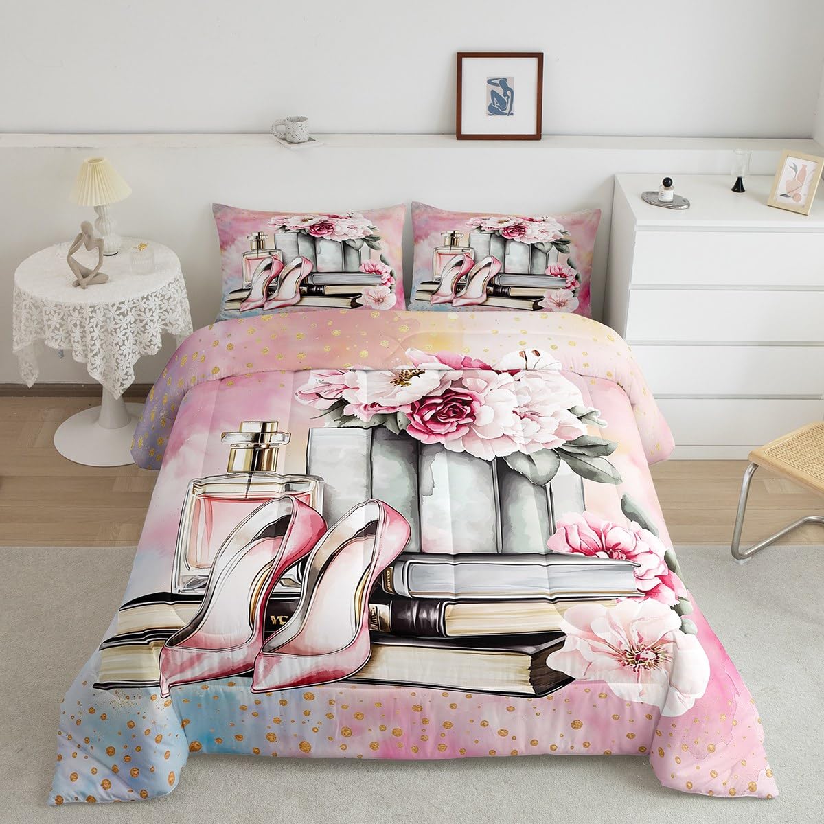 Erosebridal Pink Floral King Bedding Set for Girls Kids Teens Girly Modern Fashion Comforter Set Women Romantic Perfume Down Comforter Fantasy Dreamy High Heels and Book Quilt
