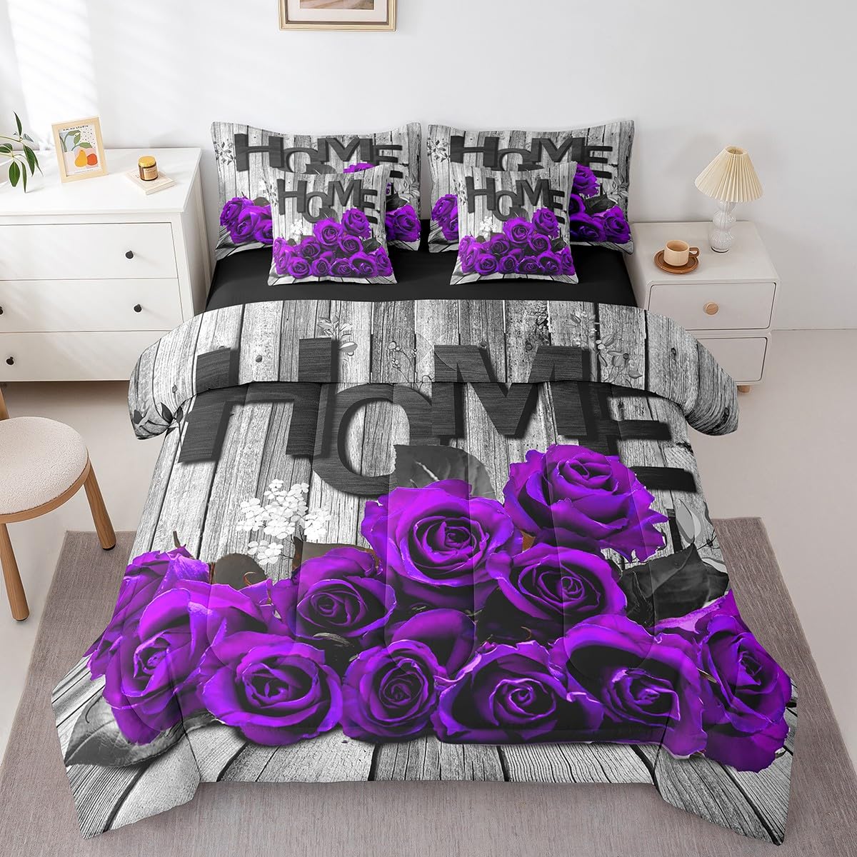 Feelyou Purple Rose 7 Piece Bedding Set for Adult Couple Full Size Romantic Style Comforter Set with Sheets Boys Girls Flower Floral Bed in a Bag Wooden Bed Set