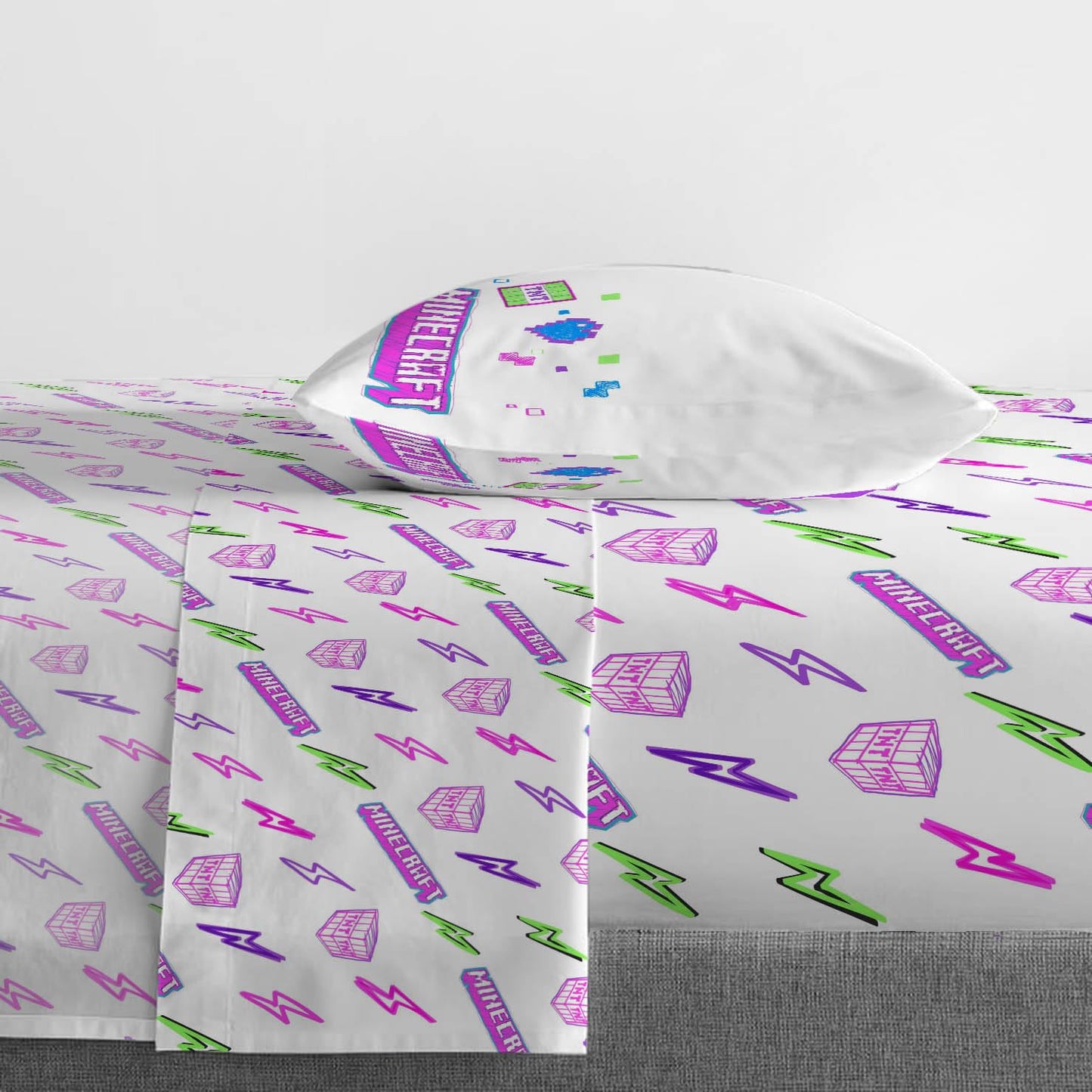 Jay Franco Kids Sheet Set with Fitted, Flat Sheets & Pillow Cover - Ultra-Soft Bedding with Pillowcase for Room Decor, Purple - Minecraft, 3 Piece Twin