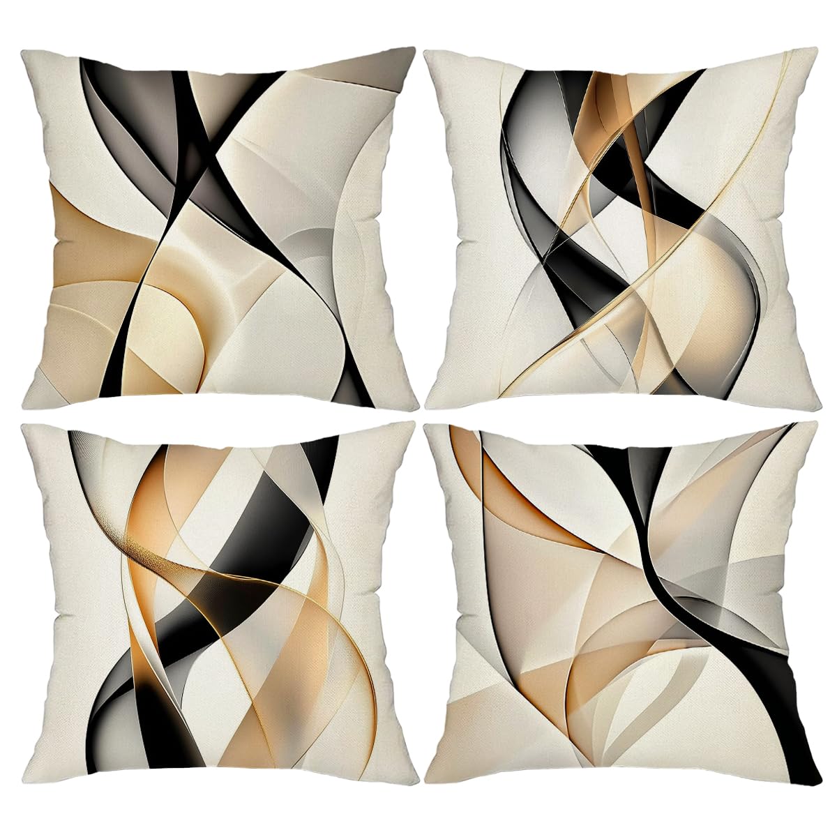 LSMIAO Modern Abstract Geometric Throw Pillow Cover, 18x18 inch, White Black Gold, 100% Polyester, Hidden Zipper, Set of 4
