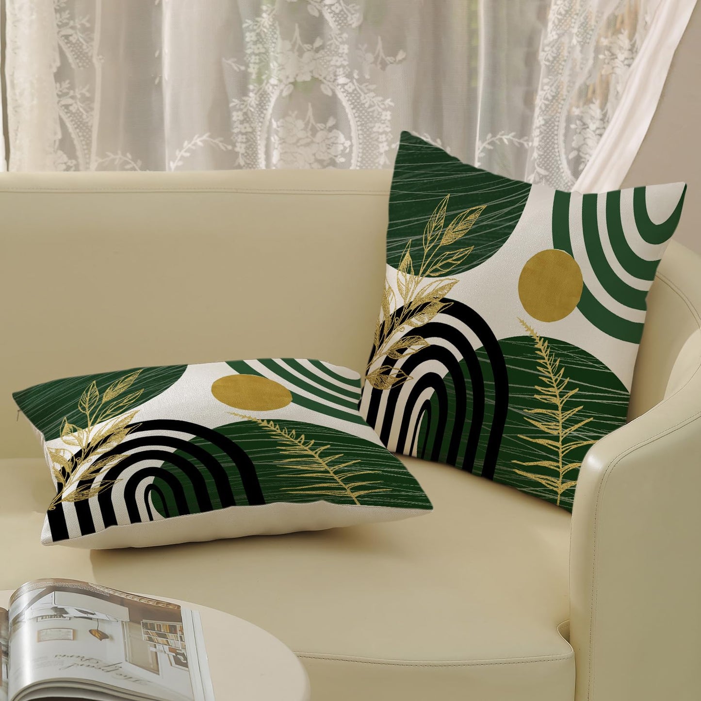 Boho Pillow Covers 18x18 Set Of Mid Century Green And Gold Leaf Art Line Throw Pillow Covers Outdoor Abstract Modern Bohemian Decor Farmhouse Linen Decorative Cushion Cover for Home Sofa Couch