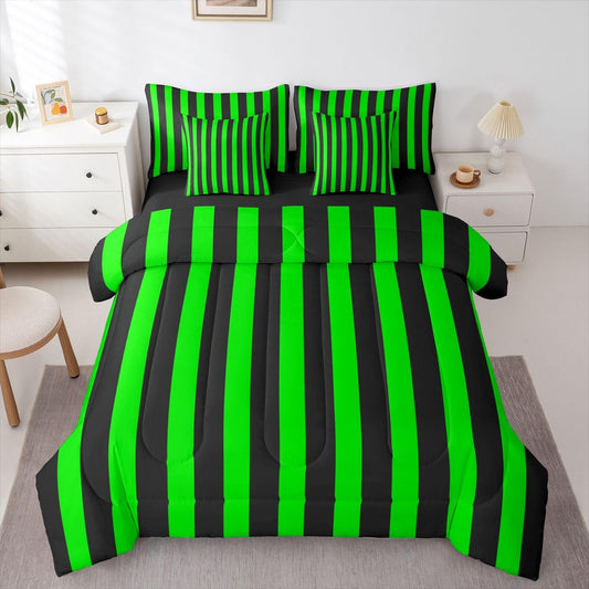 Erosebridal Green and Black Striped King 7-Piece Comforter Set Simple Vertical Stripes Bedding Set with Sheets Modern Abstract Minimalist Aesthetic Bed in a Bag Retro Vintage Stripe Bed Sets