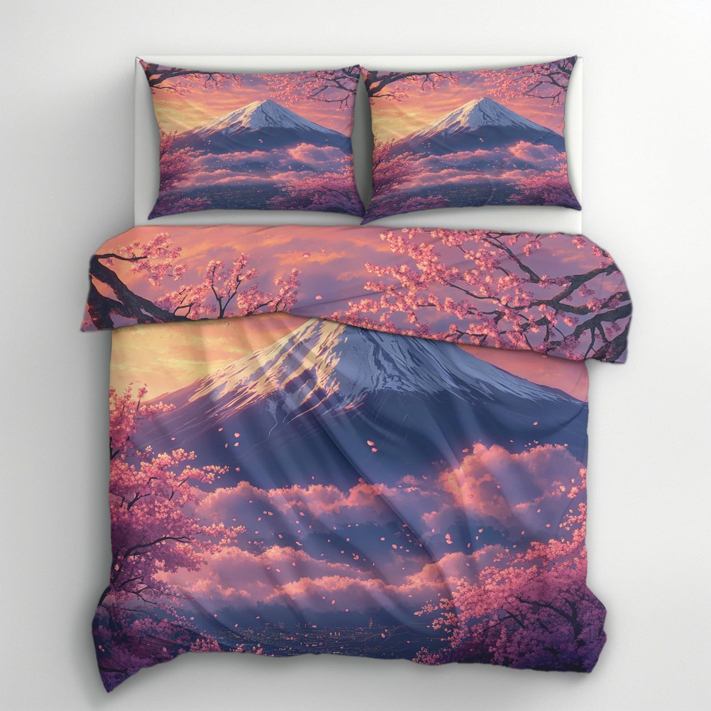 zcwl Japanese Landscape Duvet Cover Oversized King Size | Mount Fuji Bedding Set | 3 Piece | Soft Microfiber Patterned Comforter Cover with Zipper Ties & 2 Pillowcases | Cherry Blossom Bedroom Decor
