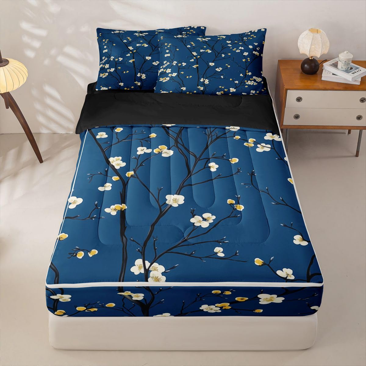 Erosebridal Spring Flowers Kids Comforter Set with Zipper, Japanese Cherry Blossom Twin Size Zipper Bedding Set, Floral Decor Bed-in-A-Bag