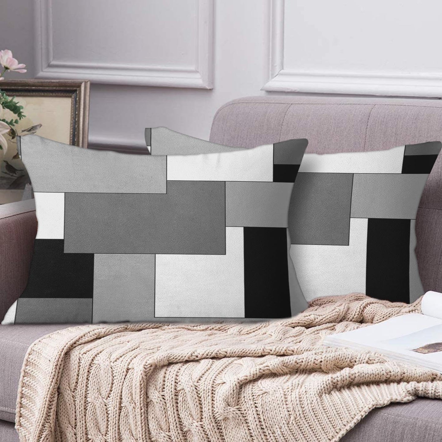 Emvency Set of 2 Grey Geometric Throw Pillow Cover Black Gray White Painting Abstract Checkered Design Decorative Pillow Case Modern Home Decor Standard Square 12x20 Inch Cushion Pillowcase