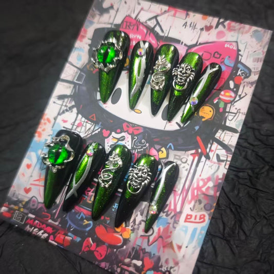 Handmade Press On Nails 10Pcs Dark Gothic Style Manual Goblin's Eyes Fake Nails for Women Party Holiday Photo 3.2CM Size L