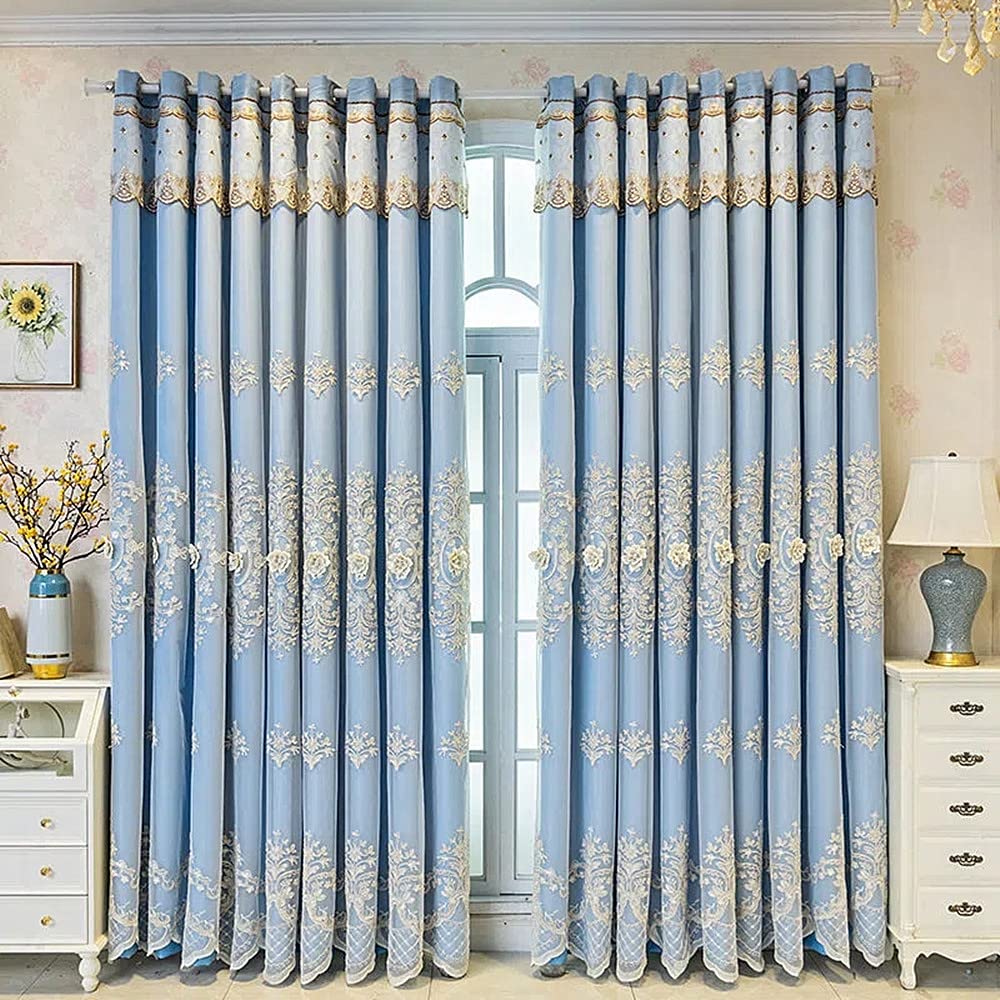 Amidoudou 1 Pair European Double Layer Curtains with Valances for Living Room Bedroom Luxury 3D Flower Embroidered Curtains (Blue,52x90 Inch)