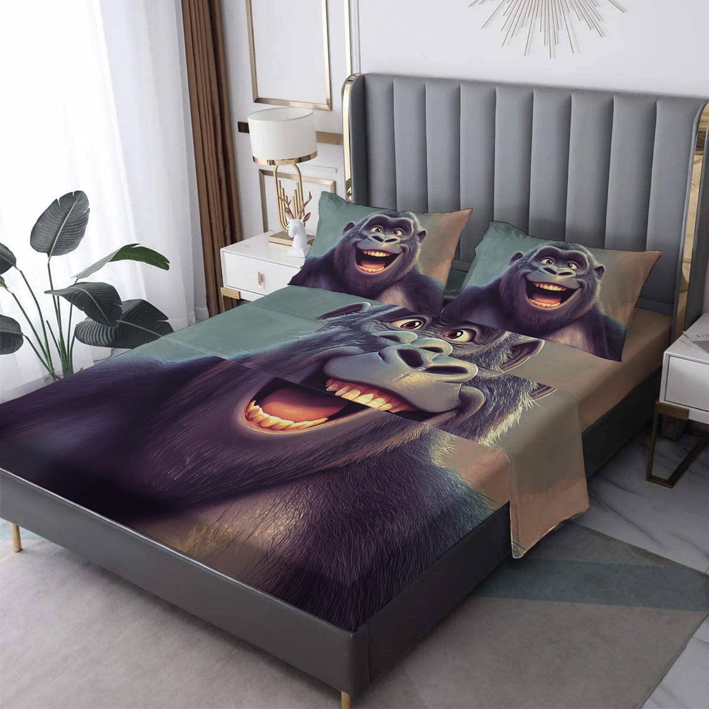 NOGAWA Gorilla Sheets Twin XL, Chimpanzee Bed Sheets, Fun Wild Animal Bedding Sheets, Soft Microfiber Deep Pocket Fitted Sheet & Flat Sheet & Pillowcase