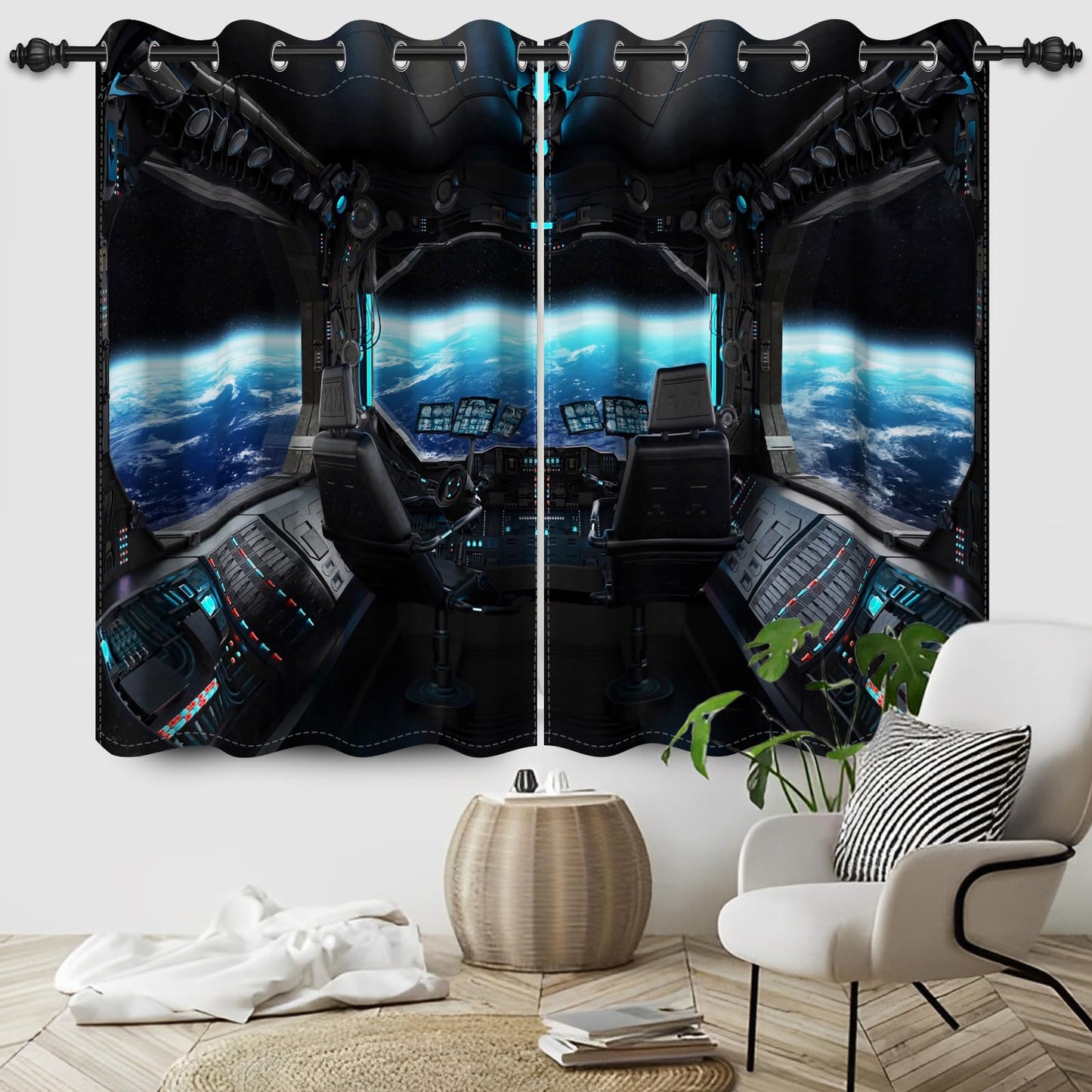 Renaiss Spacecraft Interior Window Curtains Futuristic Spaceship Cockpit Window Treatments Outer Space Earth View Blackout Drapes for Bedroom Living Room French Door Decor 42x63 Inches x 2 Panels