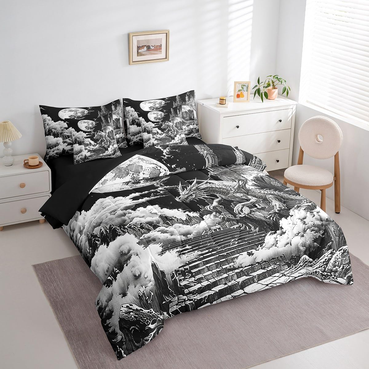Erosebridal Ancient Castle Comforter Set King,Magical Dragon Bedding Set 7Pcs for Kids Teens Adults,Gothic Horror Midnight Bed in a Bag