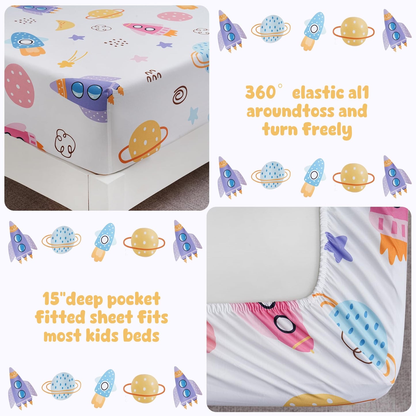 Ocharo Rocket Pattern Full Size Sheet Sets for Boys Girls,Soft Universe Galaxy Bed Sheets 4 Pieces - Cozy Breathable & Machine Washable - Rocket Spaceship Planet Bedding Set for Toddlers Teens