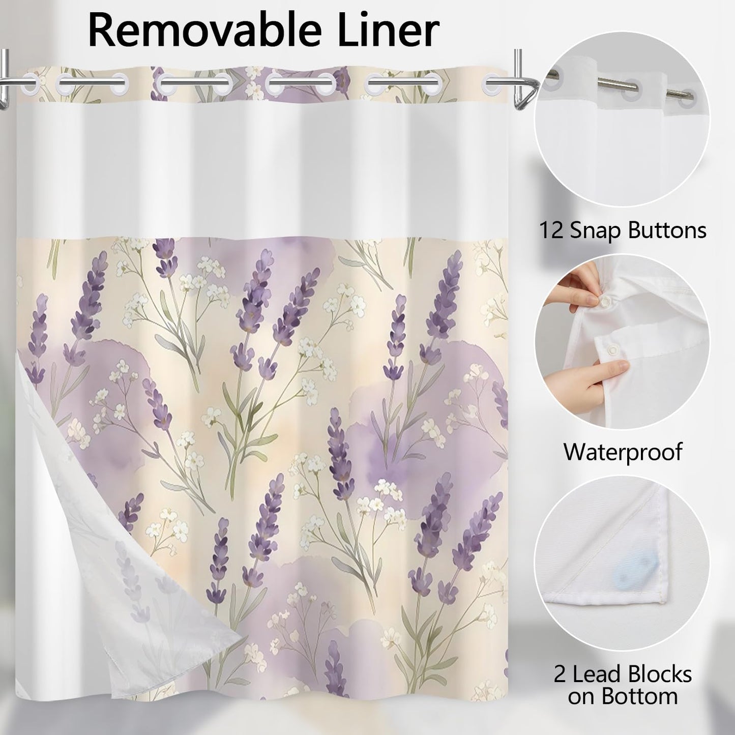 NAEMBCU Watercolor Lavender Shower Curtain with Snap in Liner 71 x 74 Inch
