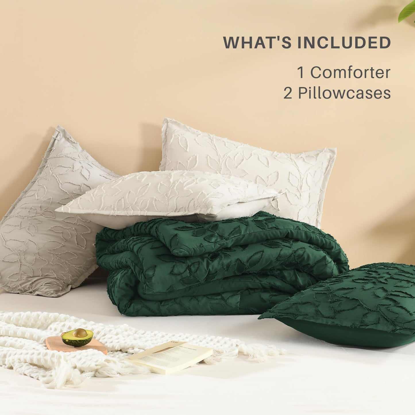 Litanika King Size Comforter Set Beige, 3 Piece Cream Boho Tufted Bedding, Fluffy Farmhouse Bed Set for All Season with 2 Leaf Pattern Pillowcases（104x90In）