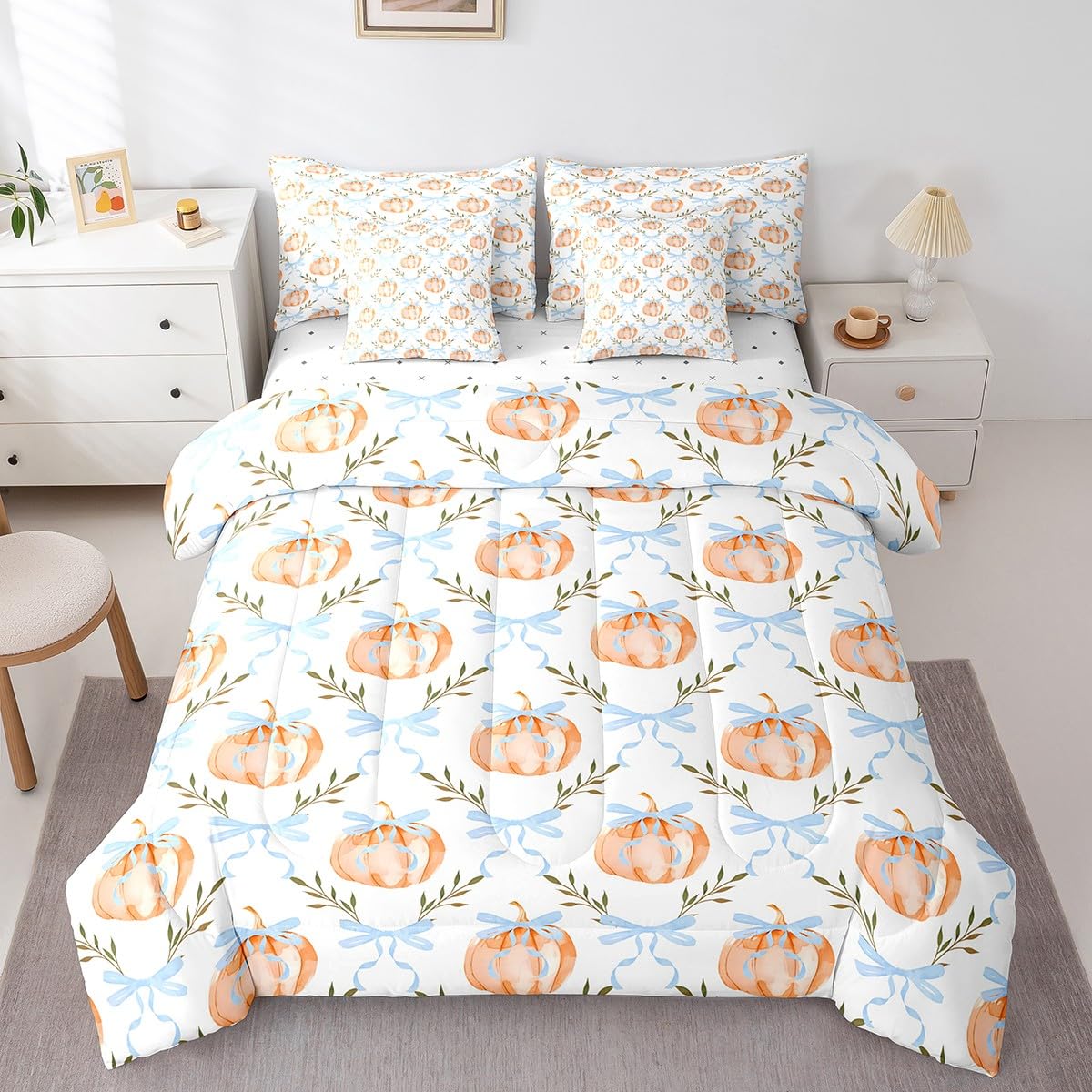 7 Pieces Bow Pumpkin Comforter Set Full Size,Blue Bowknot Lines Bedding Sets Kids Girls Boys Women Palm Leaves Plaid Autumn Plants Quilt + Fitted & Flat Sheets + 2 Cushion Cover + 2 Pillowcases