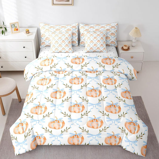 7 Pieces Bow Pumpkin Comforter Set Full Size,Blue Bowknot Lines Bedding Sets Kids Girls Boys Women Palm Leaves Plaid Autumn Plants Quilt + Fitted & Flat Sheets + 2 Cushion Cover + 2 Pillowcases