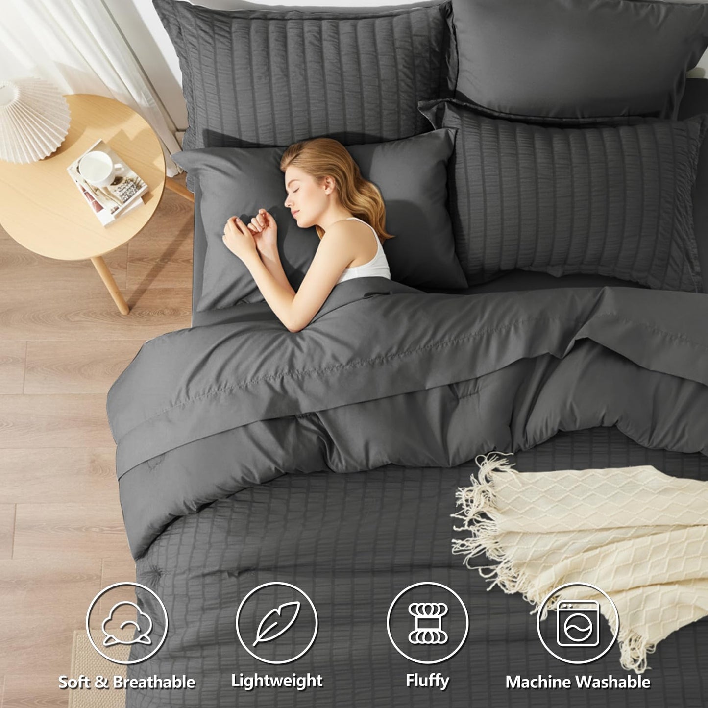 HIMEET Queen Comforter Set - 7 Pieces Seersucker Bed in a Bag, Boho Bedding Sets for Bedroom Decor, All Season Home Essential Bed Set with Comforter, Sheets, Pillowcases & Shams, Dark Grey