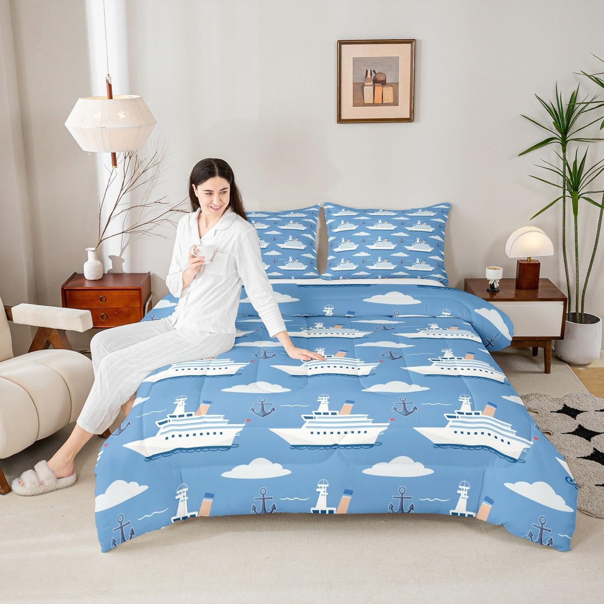 Erosebridal Boys Nautical Sailboat Bedding Set Full, Ocean Ship Comforter Set, Boat Anchor Comforter, White Cloud Blue Sky Nautical Quilt for Kids Teens Youth Men Bedroom, 3 Piece