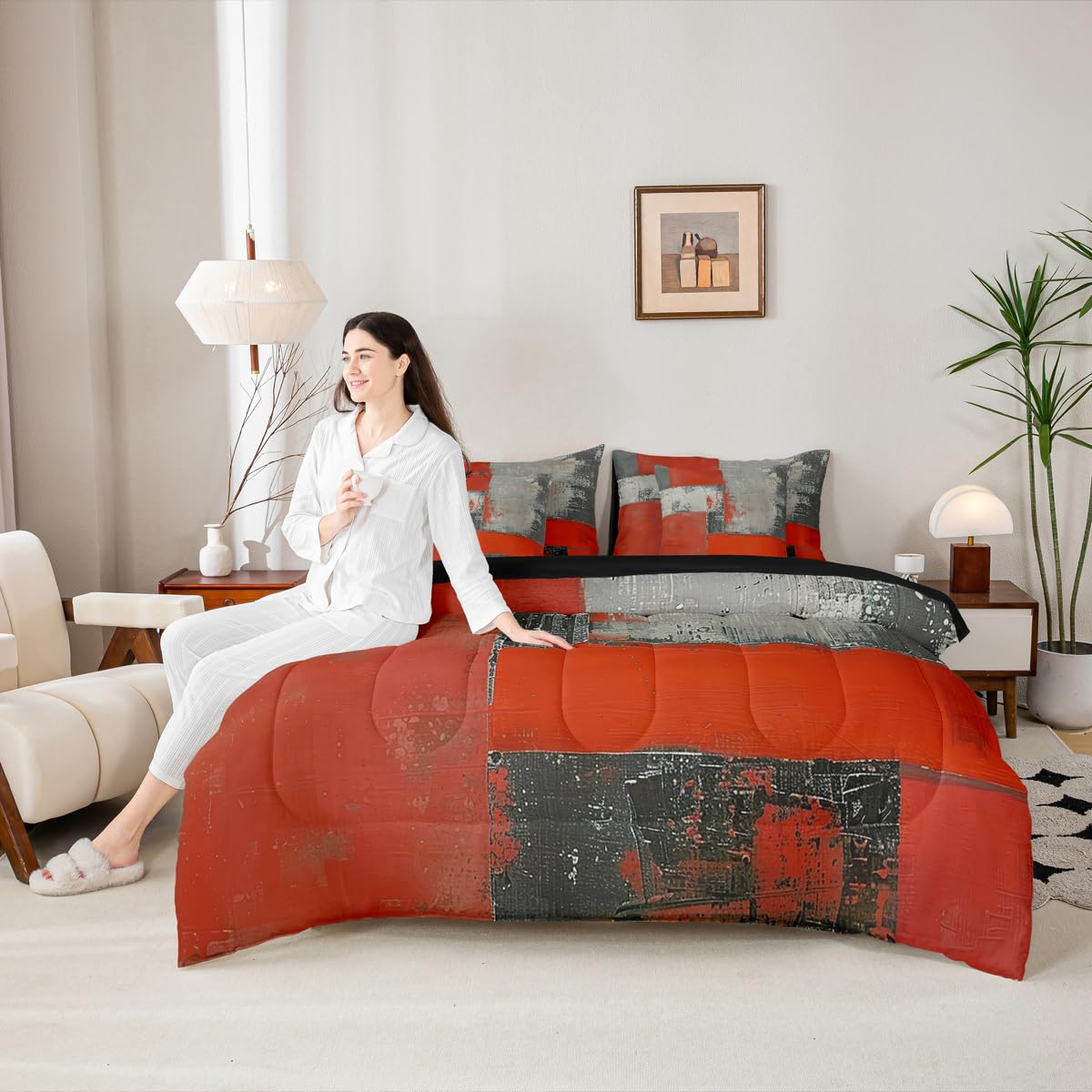 Feelyou Abstract King Comforter Set with Sheets for Kids Boys Girls Modern Abstract Art 7 Pieces Bedding Set Luxury Bed in a Bag Geometric Room Decor Red Gray Soft Lightweight Microfiber