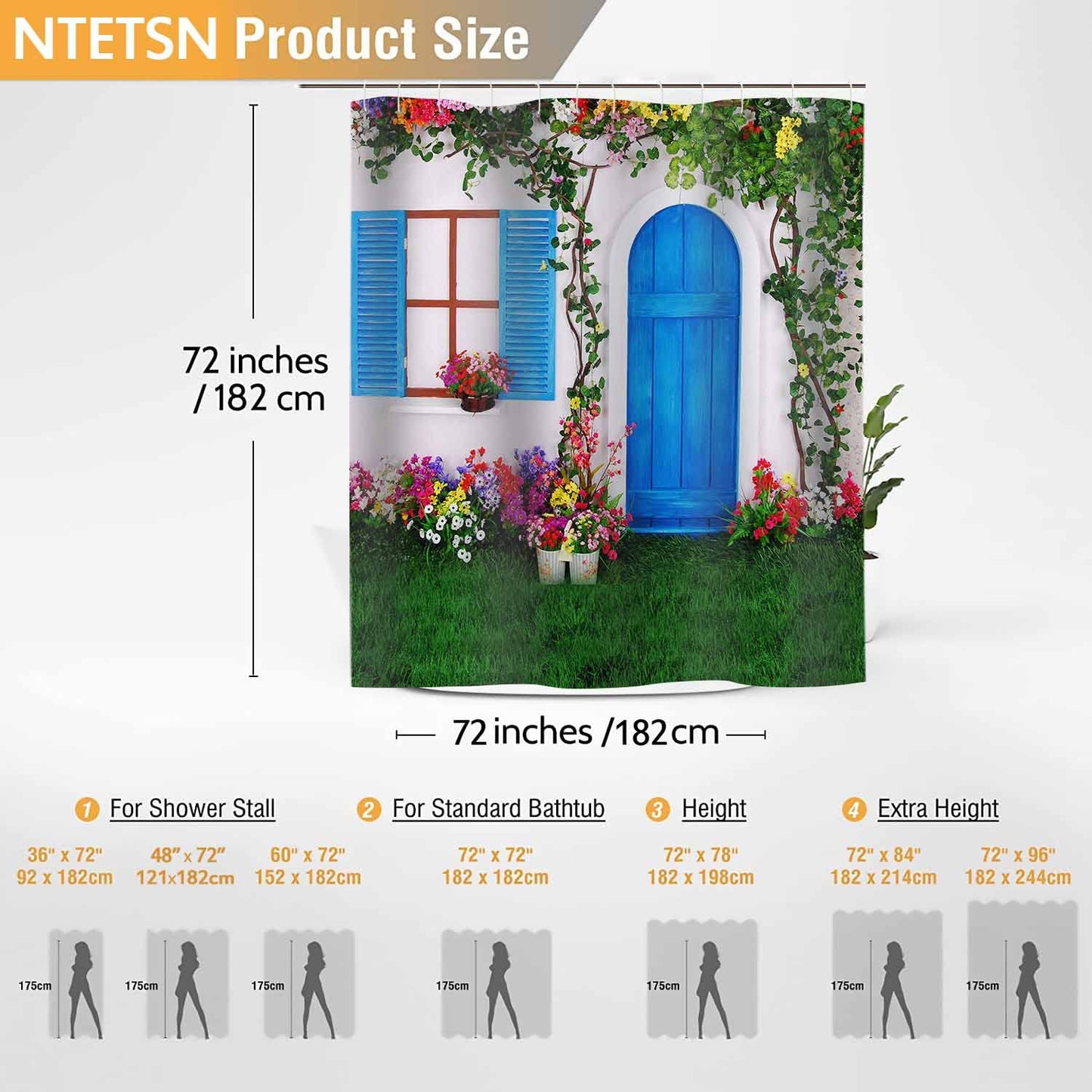 NTETSN Retro Floral Landscape Bath Curtain - Vintage Blue, 72x72 Inch Polyester Fabric with 12 Hooks
