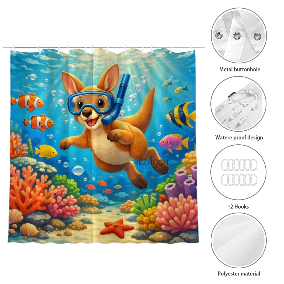 REZHOCH Kids Ocean Shower Curtain 72x72Inch Fun Kangaroo Snorkeling Underwater Tropical Fish Coral Reef Home Bathroom Decor,Boy Girl Cartoon Animal Coastal Bath Set with Hooks