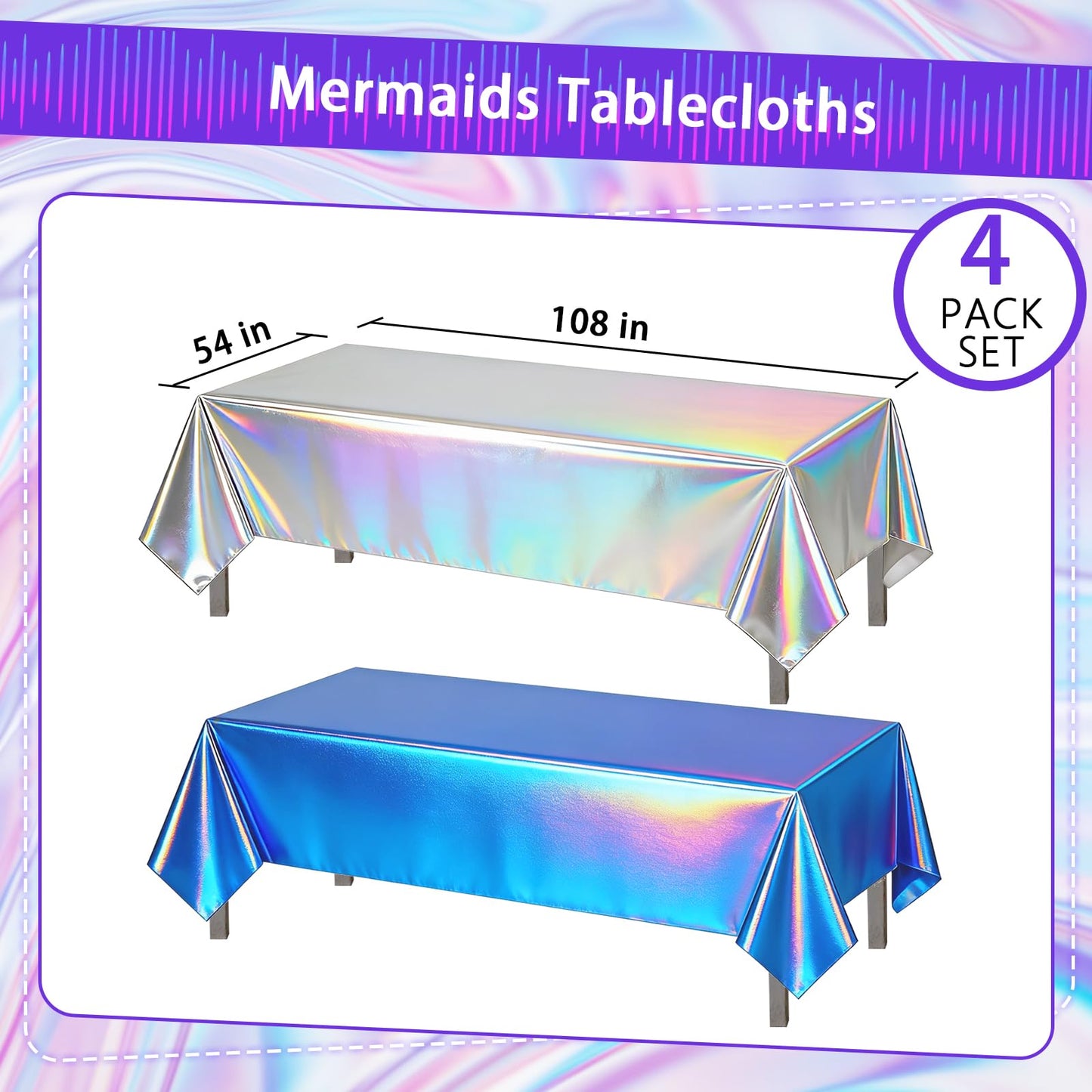 Brix4U 4Pcs Kpop Table Cloth Pink Purple Silver Iridescent Party Tablecloth Plastic Rectangle Tablecloth Waterproof Table Cover for Kpop Birthday Party Decoration, 54 x 108