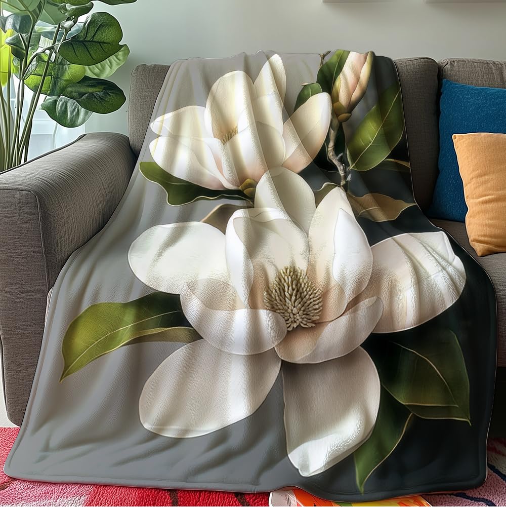 HUNXIAOJ Magnolia Blanket Flower Print Blanket Magnolia Floral Decor Warm Soft Flannel for Teens Adults Bed Sofa Couch (49in x 59in)