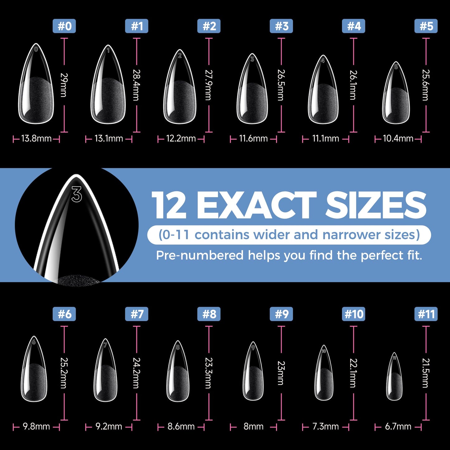 UNA GELLA Medium Stiletto Gel Nail Tips Full Cover 216Pcs Almond Shape Nails Tips Stiletto Pre etched Soft Gel Nails Clear Fake False Nail Tip For Home Art Salon 12 Sizes