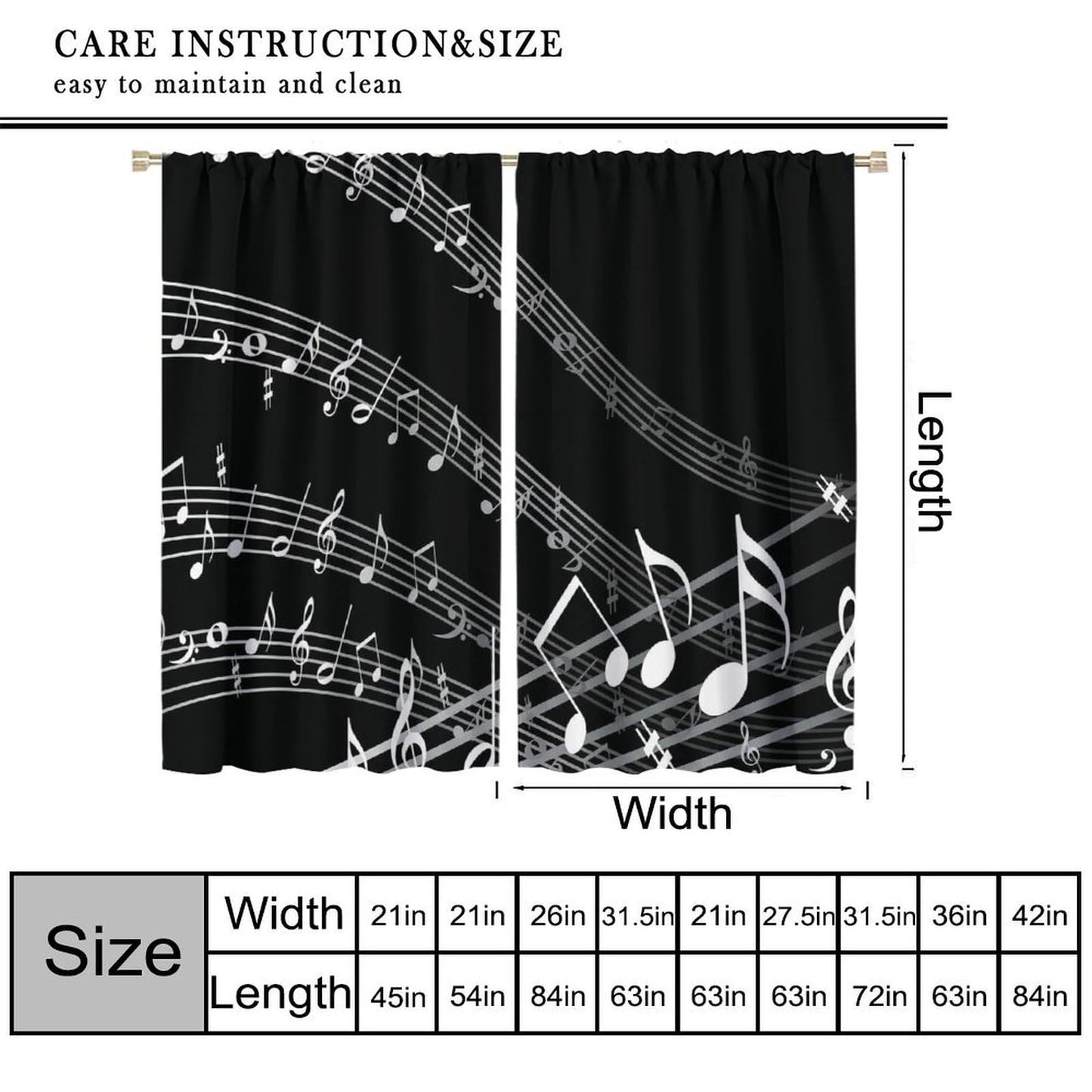 VUMIVI Music Theme Curtains Classic Black White Musical Notes Wavy Sheet Staff Rod Pocket Window Treatments for Bedroom Kitchen Music Classroom Dorms Cafe 42" W X 44.5" L