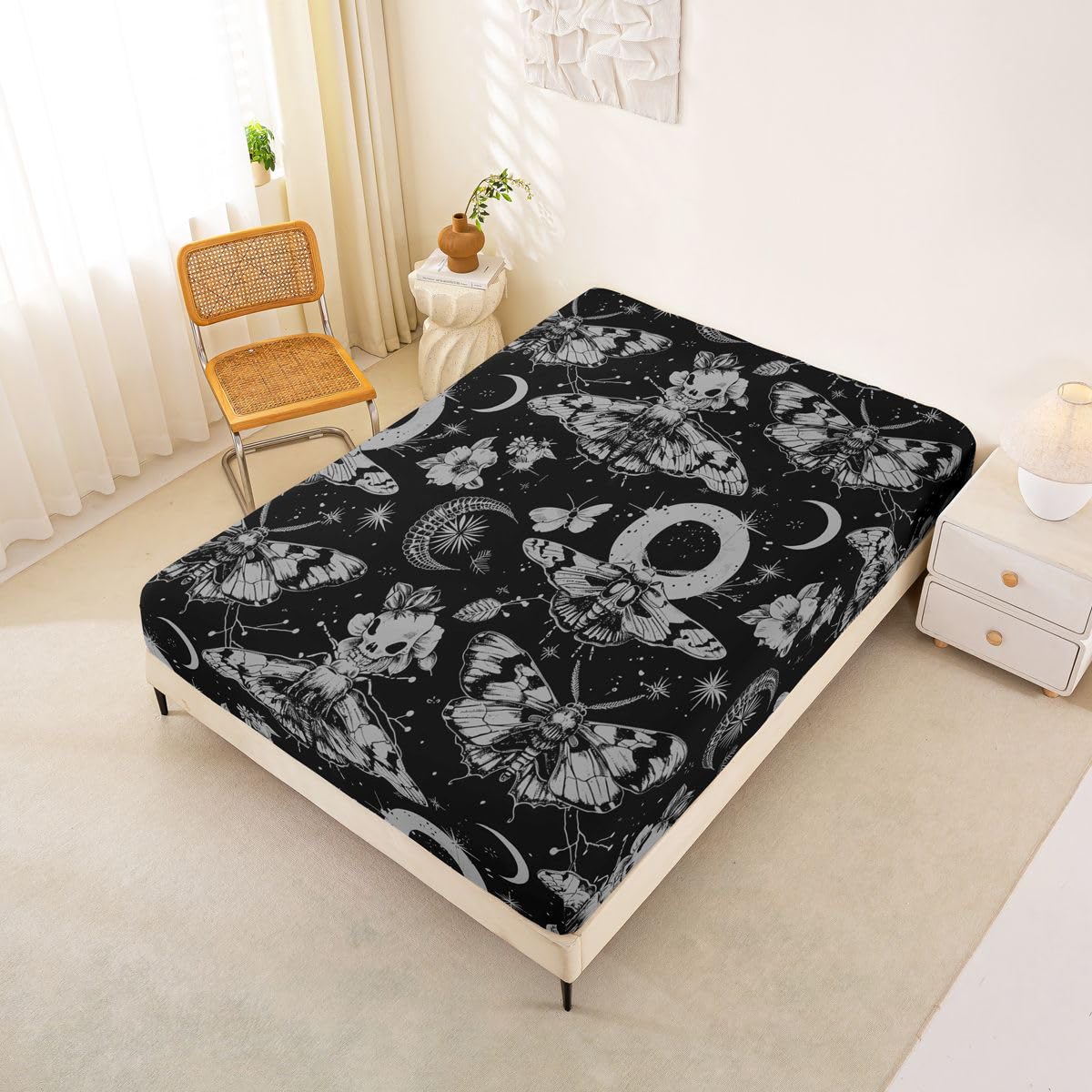 Feelyou Death Moth Bed Sheets Set Full Size Halloween Themed Bed Set for Kids Boys Girls Boho Moth Deep Pocket Fitted Sheet Gothic Breathable Soft Lightweight Microfiber Black and Gold