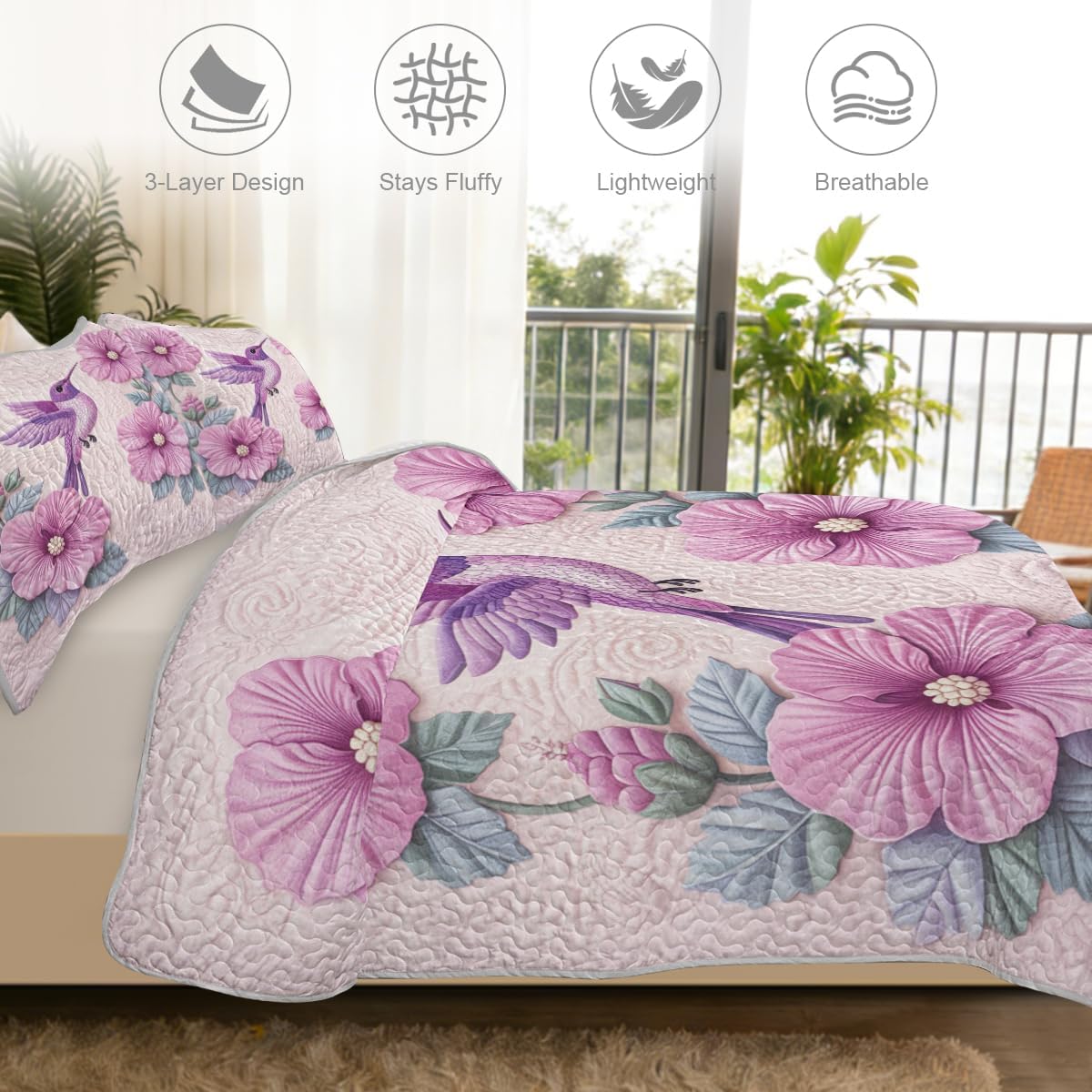 ARIGHTEX Flower Bird Quilt Set Queen Size Floral Heart Hummingbird Bedding Set Lightweight Botanical Quilt Soft Microfiber Bedspread Romantic Coverlet Set with Pillow Shams