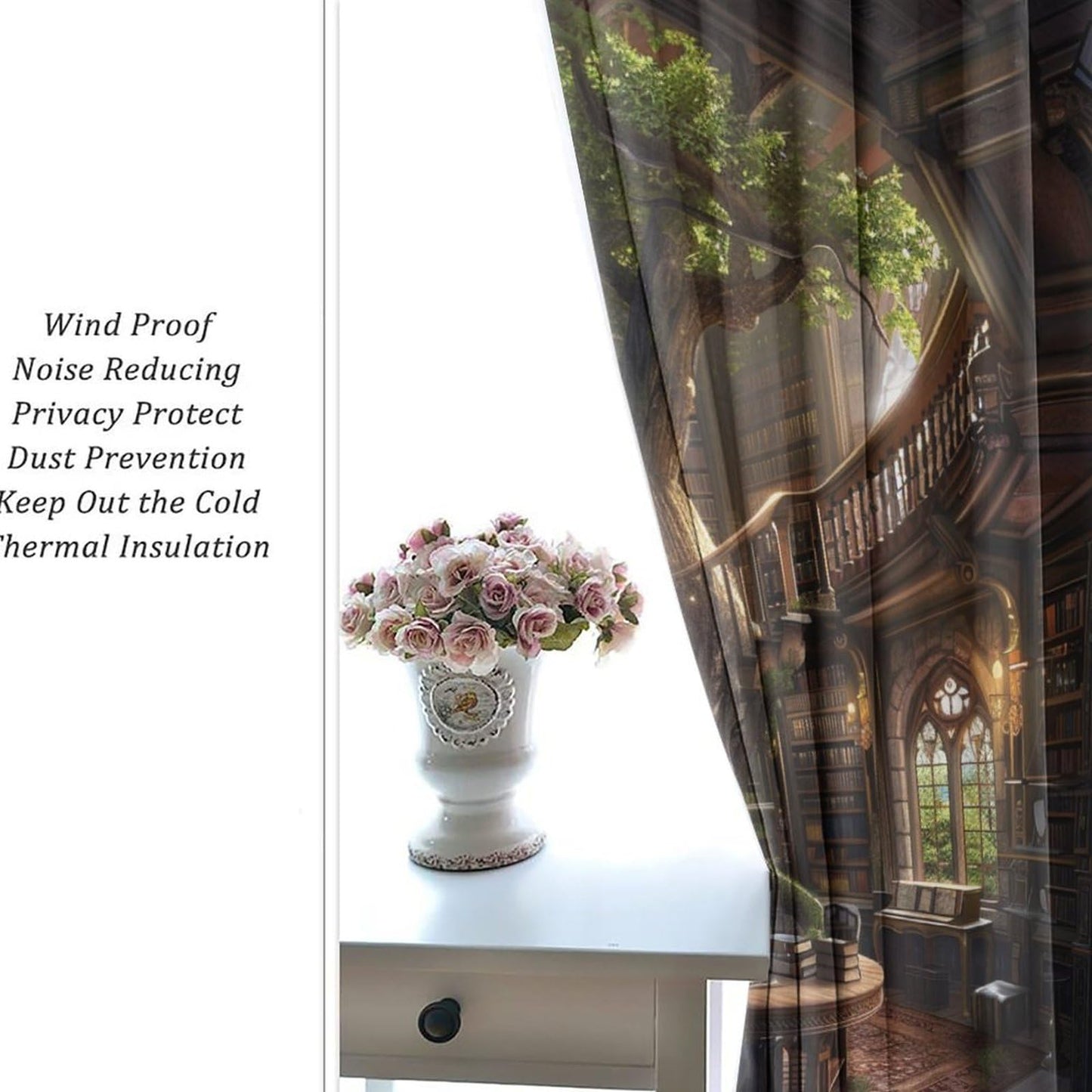 HDESDIS Retro Library Fantasy Grommet Blackout Curtains for Bedroom, Abstract Tree Plant Classic Bookshelf Thermal Insulated Curtains Room Darkening Window Drapes, 21W x 45L, 2 Panels