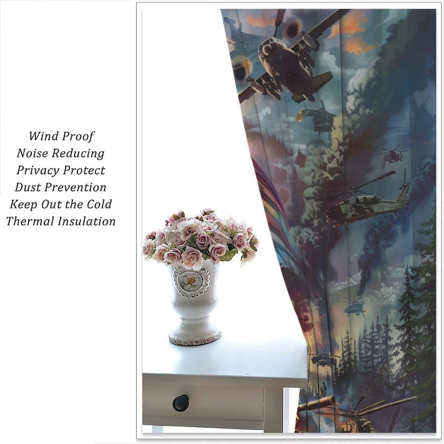 TOWINSFB Military War Theme Blackout Curtains, USA Tank Plane American Soldier Home Decor Rod Pocket Window Drapes for Living Room Bedroom - 42" W x 45" L
