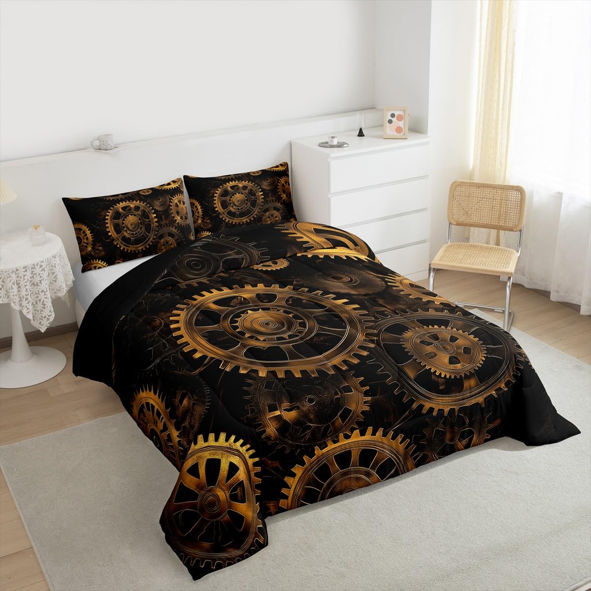 Golden Ndustrial Gear Comforter Set King Size Steampunk Style Bedding Set Clocks Theme Bedding Sets & Collections for Kids Boys Teens Men Mechanical Device Quilt Set,Retro Style Bedroom Decor