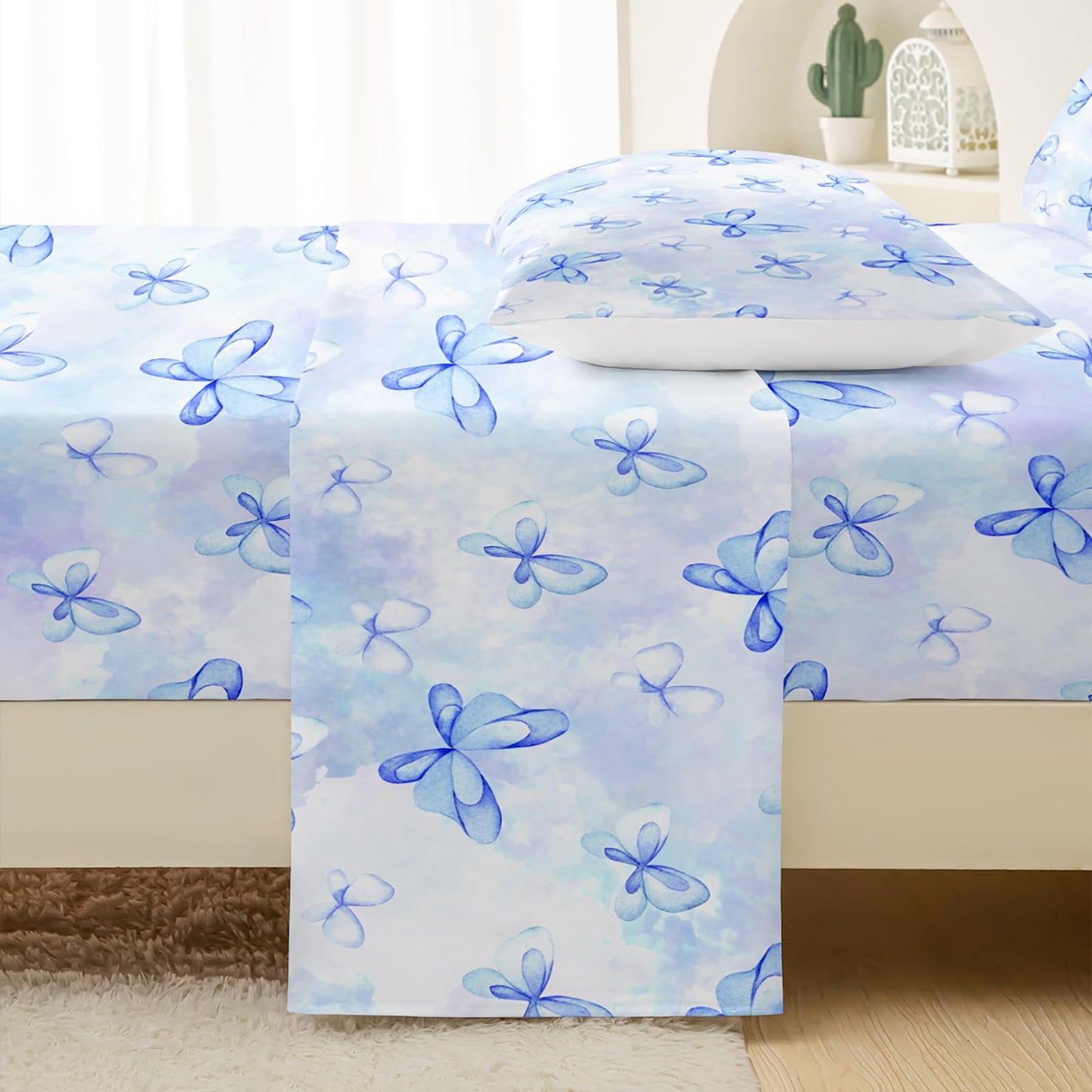 QOOMO Butterfly Bowknot Kids Bed Sheets Full Size,Blue Bow Tie Print Bedding Sheet Set,4Pcs Butterfly Knot Deep Pocket Bed Sets with 1 Fitted Sheet 1 Flat Sheet 2 Pillowcases for Boys Girls Teens