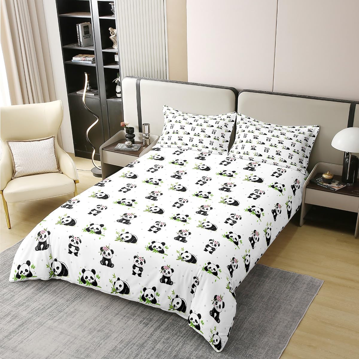 Manfei Cute Panda 100% Cotton Duvet Cover Set Twin Size, Pink Flower Green Bamboo Bedding Set 2pcs, Cartoon Animals Quilt Cover, Kids Girls Teens Room Decor, 1 Pillowcase,No Comforter