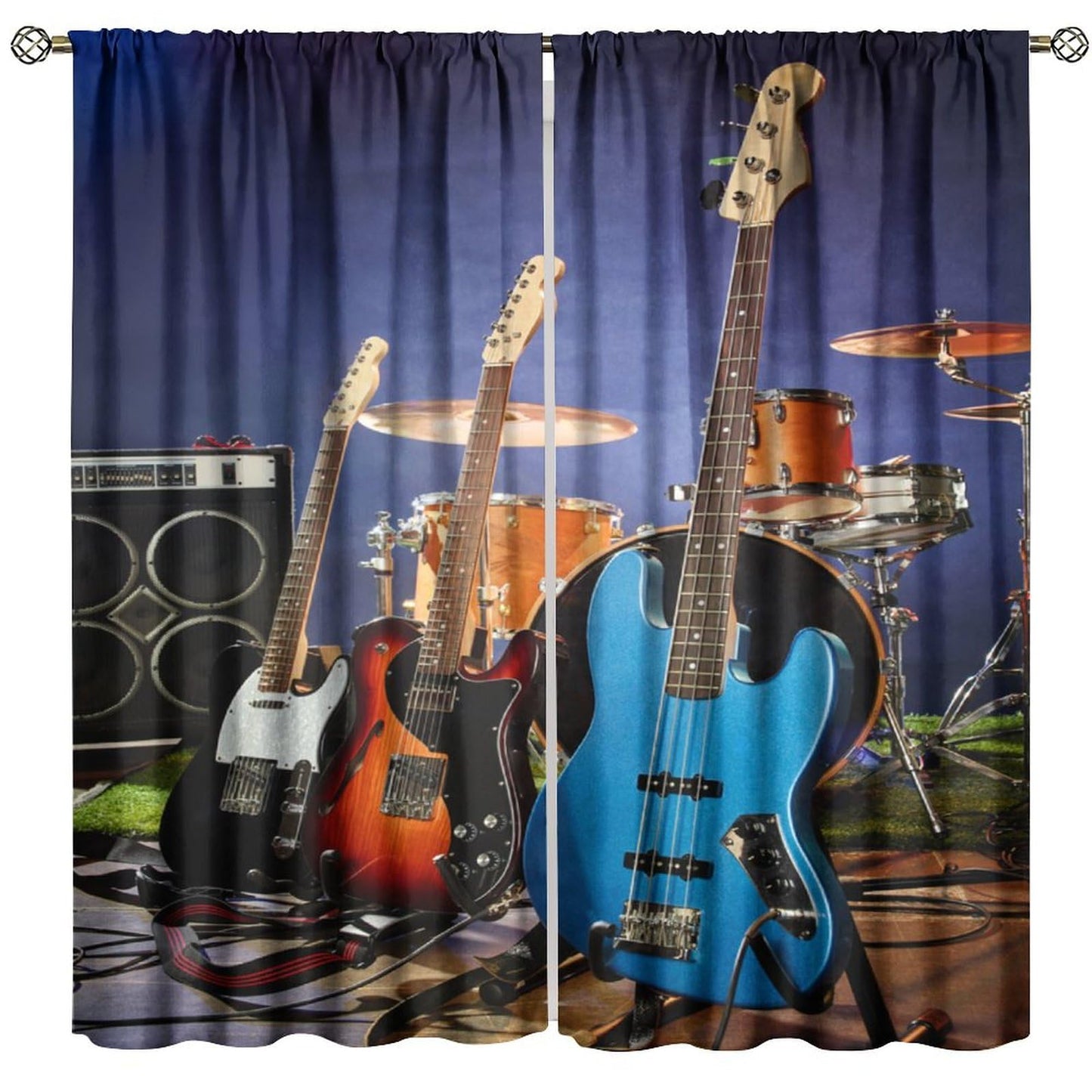Djaby Music Themed Guitar Curtain, Rock Music Drum Kit Musical Instruments Print Window Drapes for Bedroom Living Room 42" W X 45" L(No Blackout)