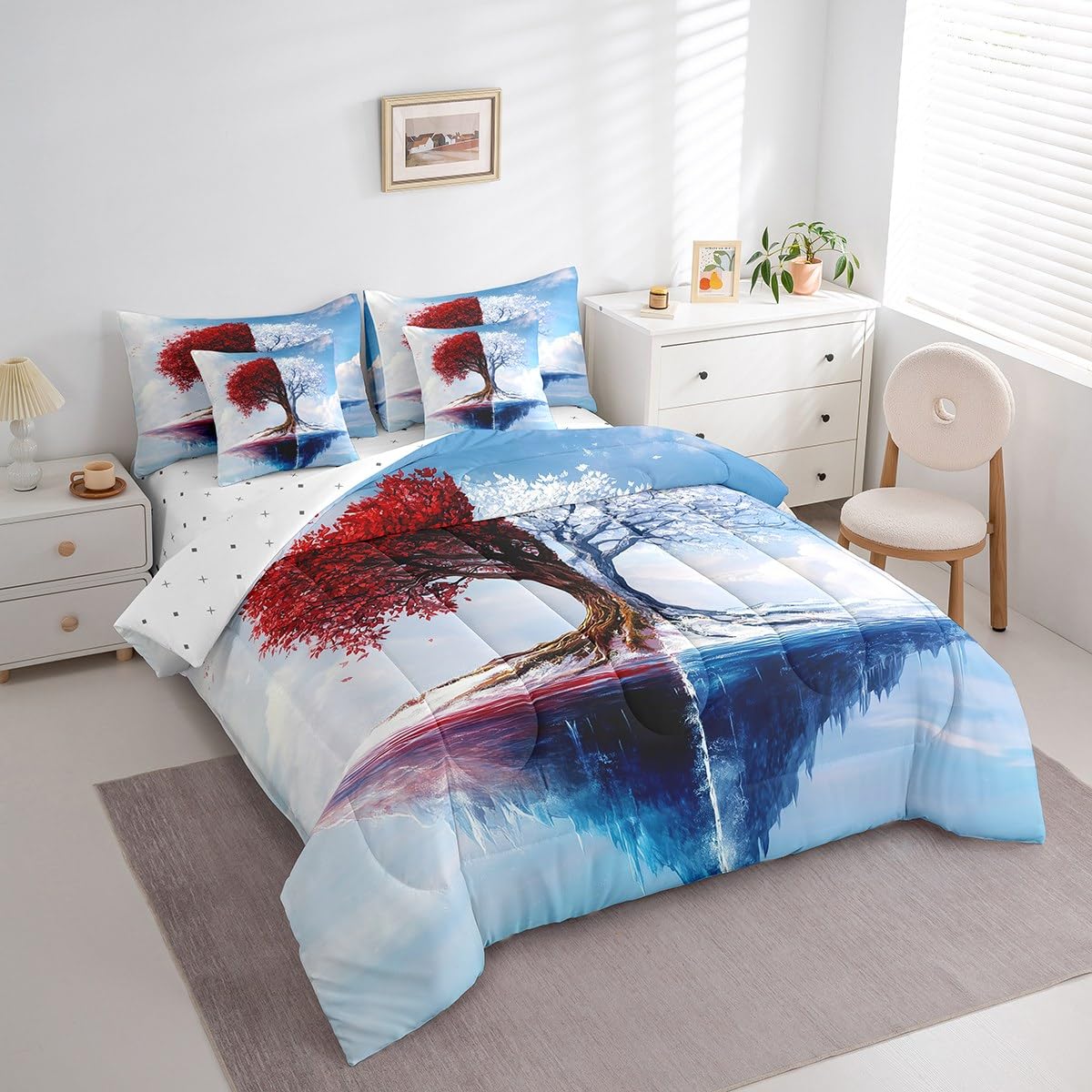 Red and White Tree Branches Pattern 7 Pieces Bedding Set Twin Size Kids Leaf Branches Bed in a Bag with Comforter, Pillowcases Ice Mountain Bed Set Breathable Botanical Room Comforter Set with Sheets