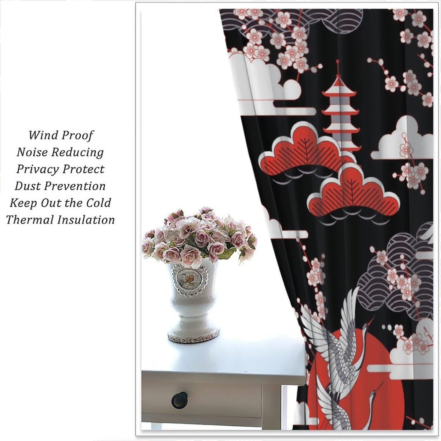 Mchenxin Japanese Crane Bird Curtains, Oriental Traditional Pink Cherry Blossoms Flower Retro Line Geometric Art Window Curtains for Kitchen Bedroom Living Room, 42x45in (No Blackout)
