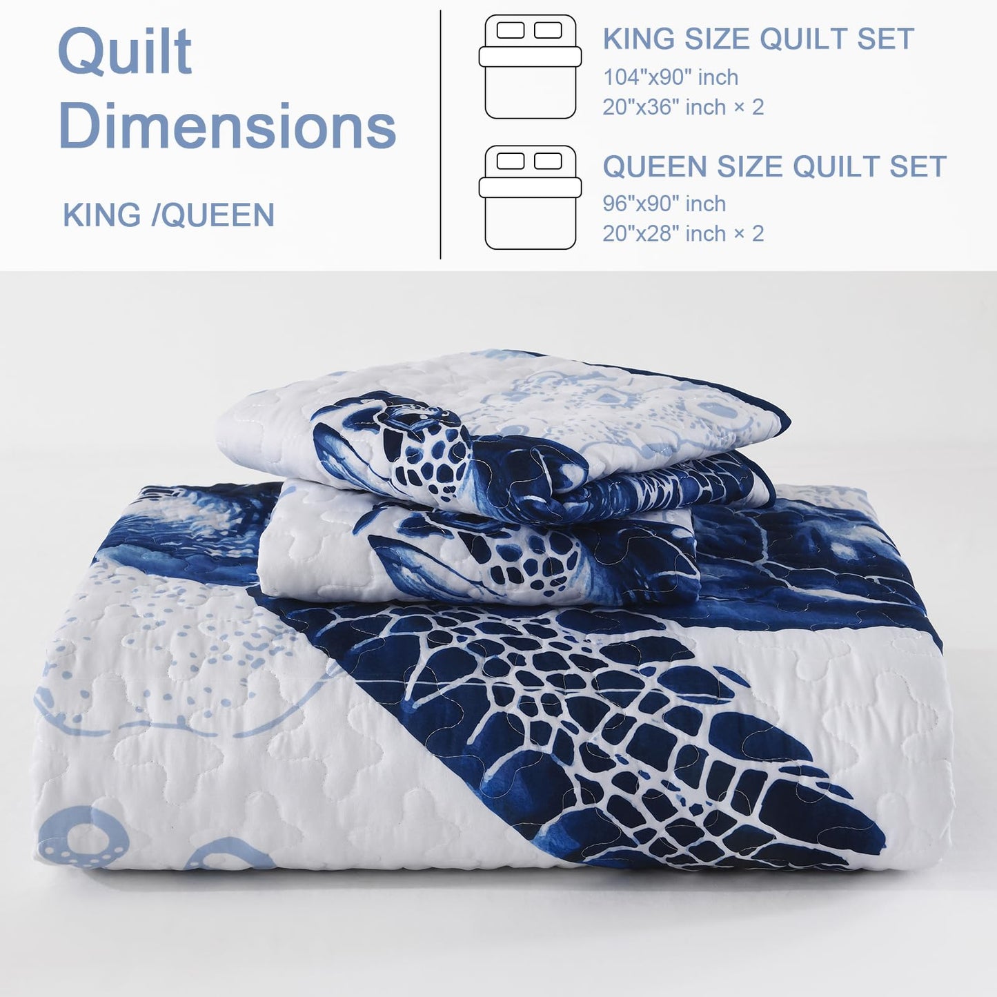 DJY Coastal Quilt Sets King Size 3 Piece, Beach Beach Nautical Bedspreads Coverlet with 2 Shams Soft Lightweight Microfiber Blue Bedding Summer Comforter Set for All Season