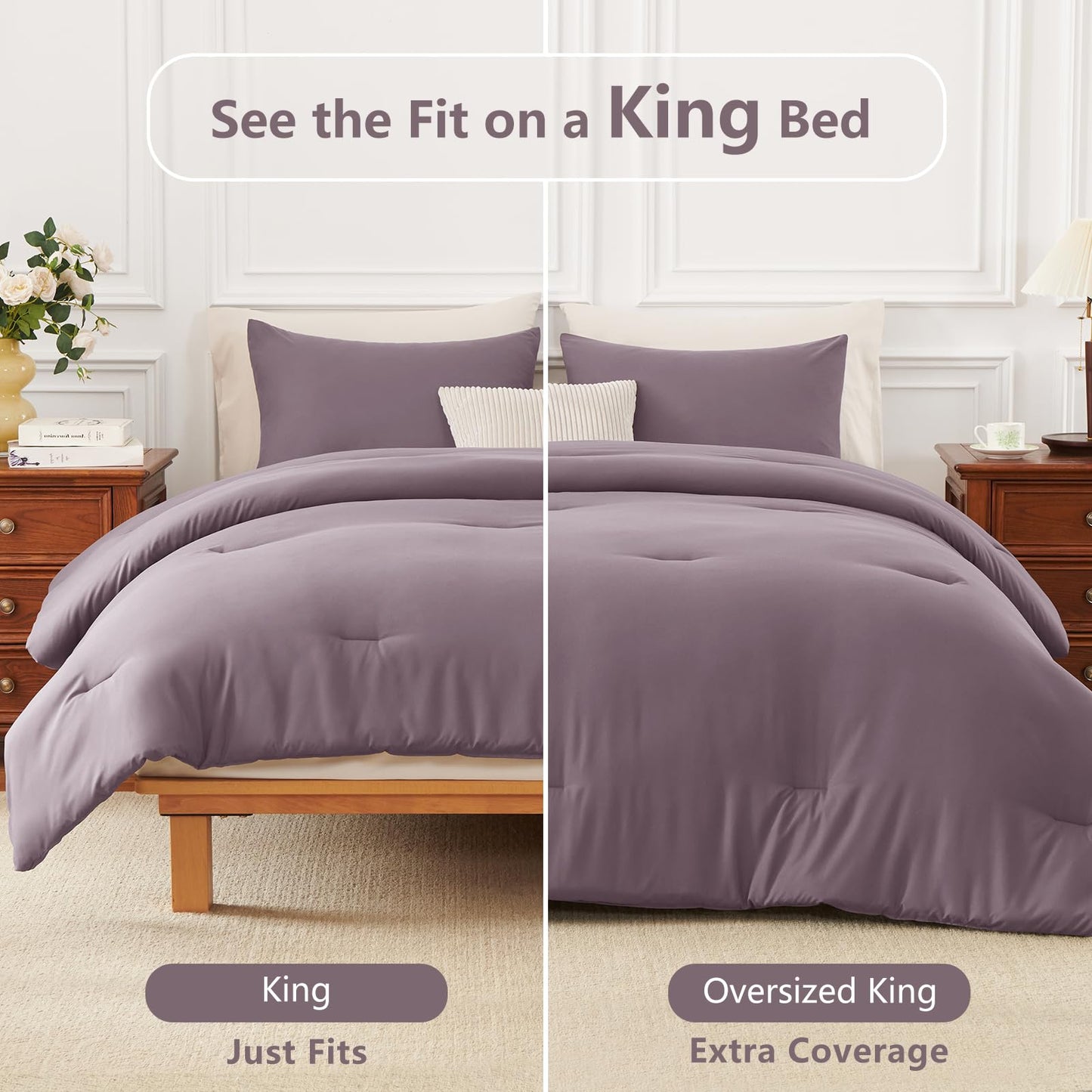 HIMEET King Size Comforter Set 3 Piece, 270GSM Down Alternative Fill, Oeko-TEX Certified, Quilted with 8 Corner Ties, All Season Bedroom Bedding with 2 Pillowcases, Dusty Purple