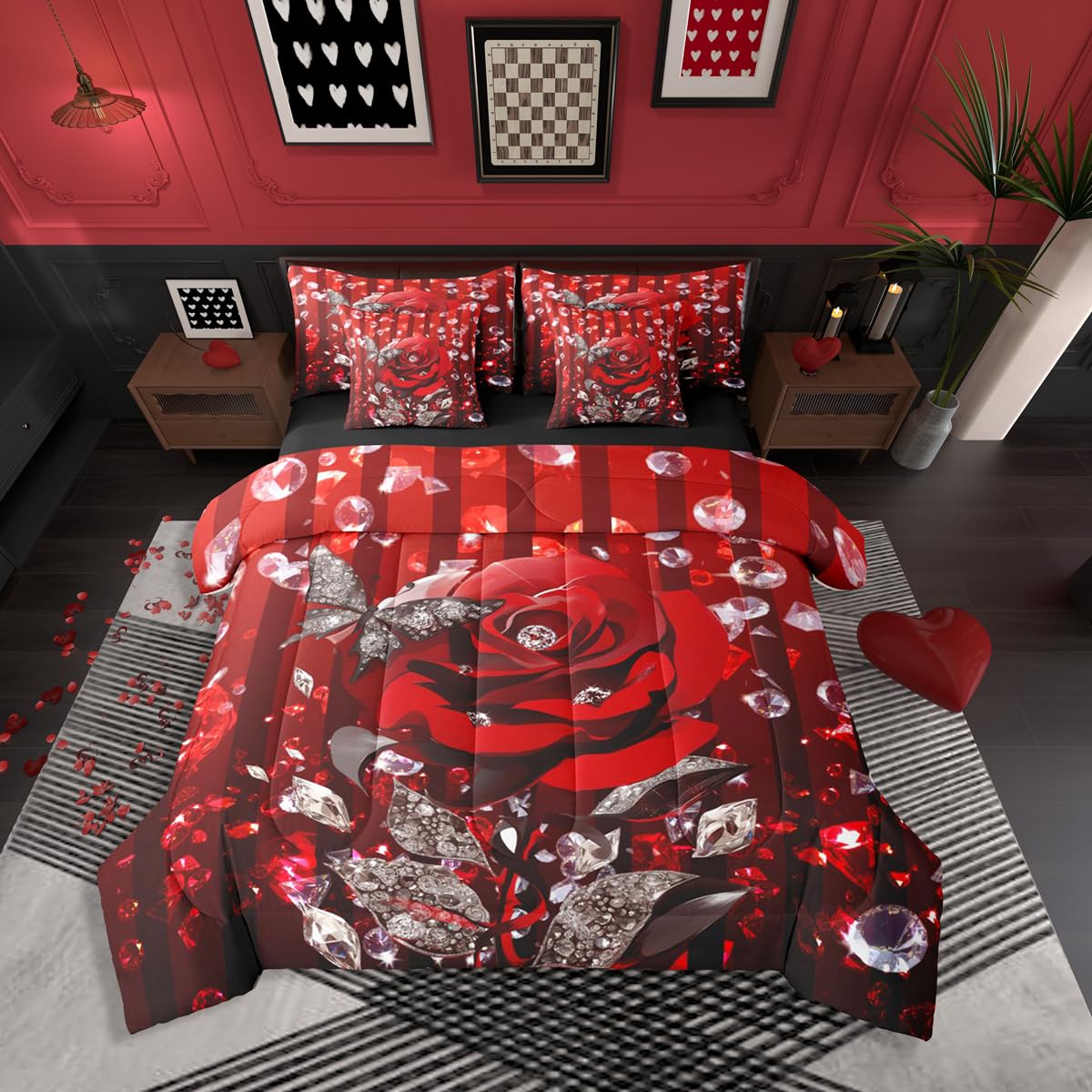 Erosebridal Red Rose Romantic Queen Comforter Set with Sheets 7 Piece Valentine Day Gift Bed in A Bag Rose Floral Flower Bedding Sets for Women Men Adults,Glitter Diamond Butterflies Bed Set