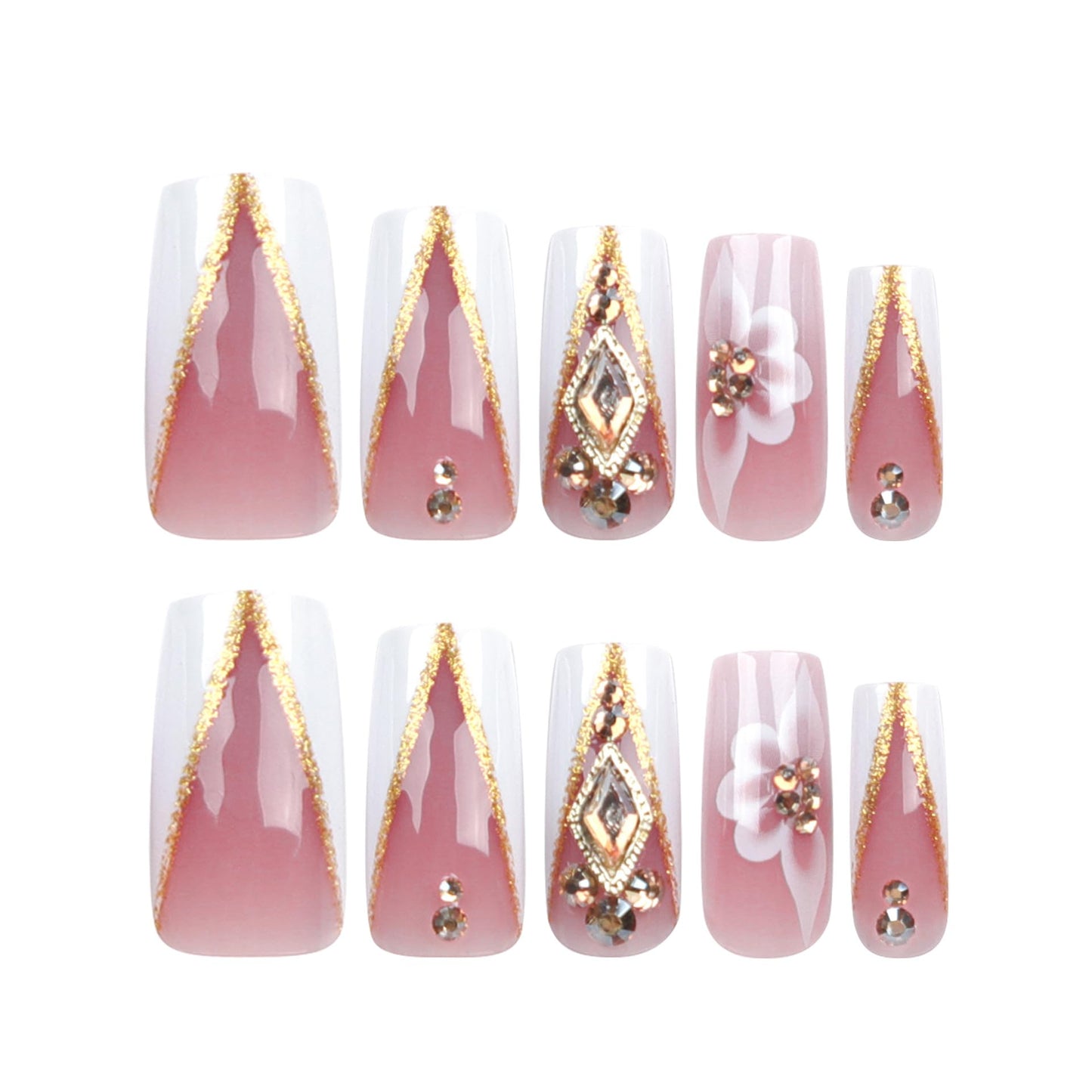 RTKHFZE Press on Nails Long Square Fake Nails Gold Glitter V Shape False Nails French White Flower and Three-Dimensional Rhinestones Designs Acrylic Nails Glossy Full Cover Stick on Nail for Women