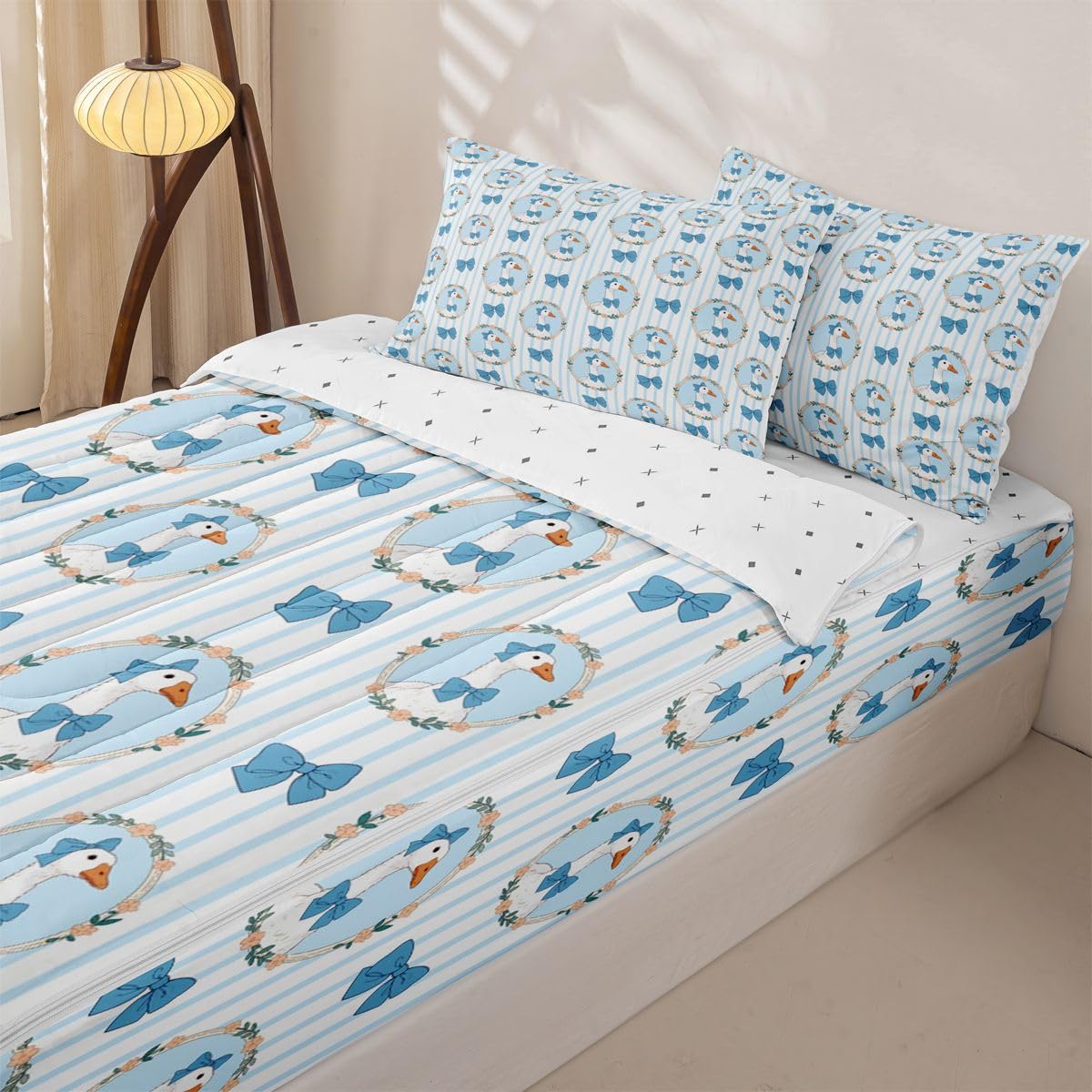Erosebridal Duck Zippered Bedding Set Full Bowknot Comforter Set Pastoral Style Bow Stripes Wreath Bed in a Bag Cute Cartoon Ducks Blue Bow Zipper Quilt Fitted Sheet,2 Pillowcases