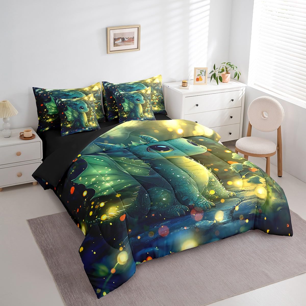 Feelyou Dragon Comforter Set with Sheets Twin Size Dragon Stuff Bed in a Bag for Boys Girls Teens Kawaii 7 Pieces Bedding Set Dragon Decor Bed Set Room Decor Bright Green
