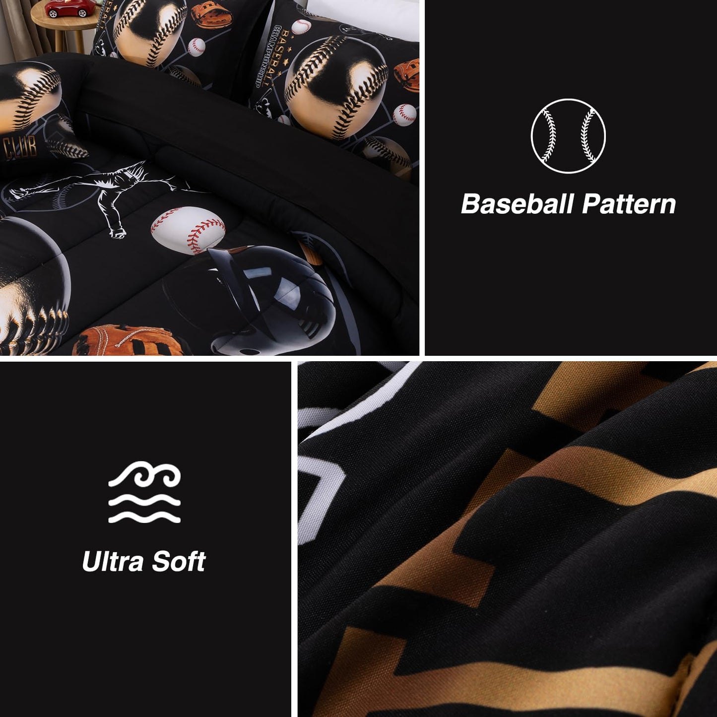 A Nice Night Baseball Printed Comforter Sets,with ‌Baseball Glove Player‌ Printing Twin 6Pcs Bedding Set in a Bag for Teen Boys