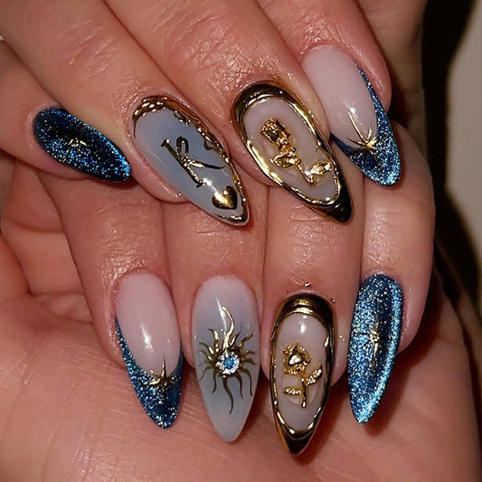 24Pcs Gold Rose Press on Nails Medium Almond Fake Nails with Blue Glitter French Tip Designs Gilding Spades K False Nails Full Cover Artificial Glue on Nails Star Stick on Nails for Women Acrylic DIY