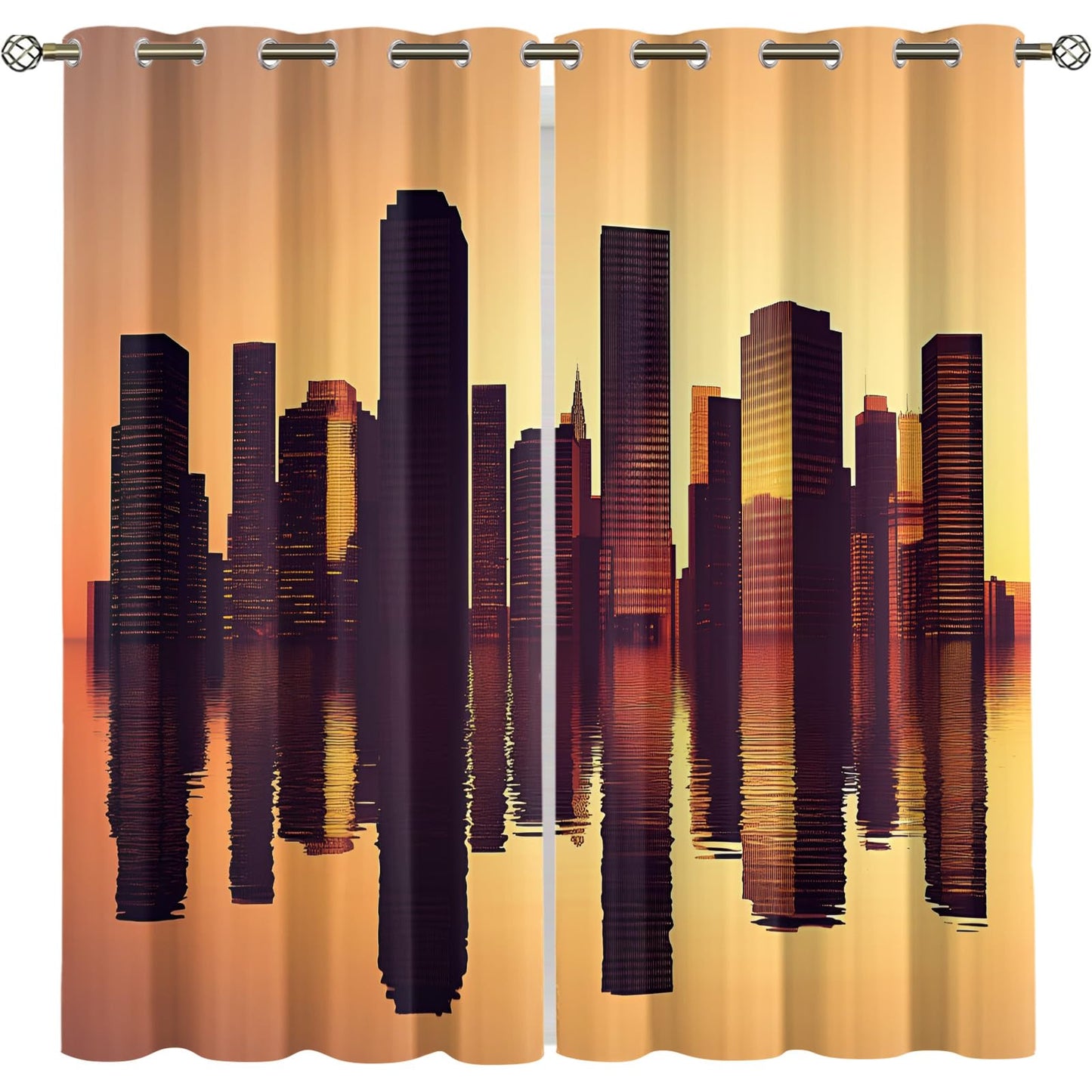XAFIAUR City Skyscrapers Blackout Curtains, Skyline Curtains for Living Room, Sunset Reflections Black Out Bedroom Curtain Thermal Insulated Grommet Drapes 2 Panels, for Boys Room 31.5" W x 45" L x2