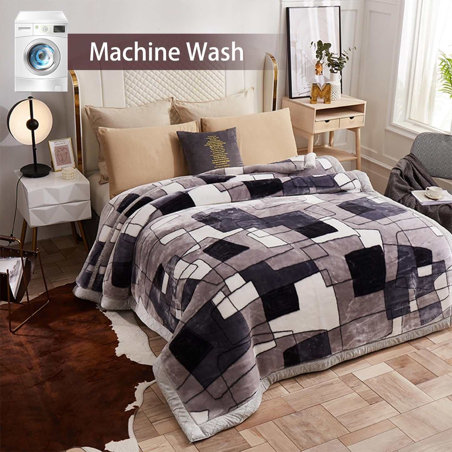 MODUSKYE Heavy Blankets, Korean Heavy Thick Blanket Plush 78x90 inch 2 Ply Bed Blankets with Geometic Pattern 7.7 LBS Queen Soft Cozy Raschel Blanket for Autumn Winter (Grey+White)